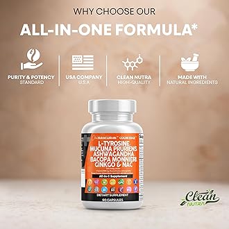 Clean Nutraceuticals L Tyrosine Mucuna Pruriens Bacopa Monnieri Ashwagandha Focus Supplement w/N-Acetyl Cysteine NAC 5-HTP Ginkgo Biloba Alpha GPC Vitamin C D B1 B12