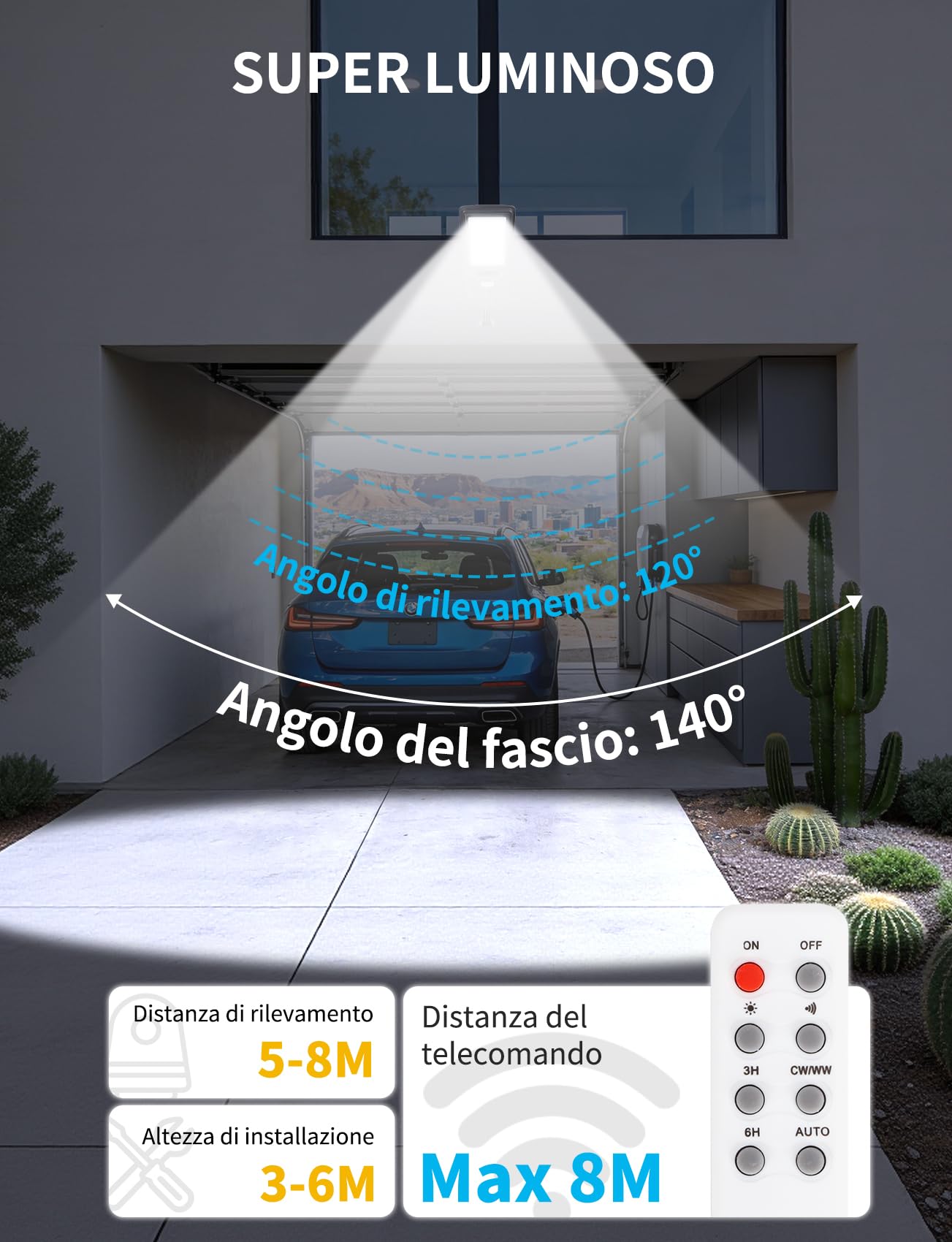 Aigostar 400W Lampione Solare Esterno, Batteria ad alta capacità da 20000 mAh, Regolabili 3000K/4500K/6500K, 4000LM, IP65, Supporto palo non incluso, Lampione LED per Giardino,Ingressi di Garage,2Pz