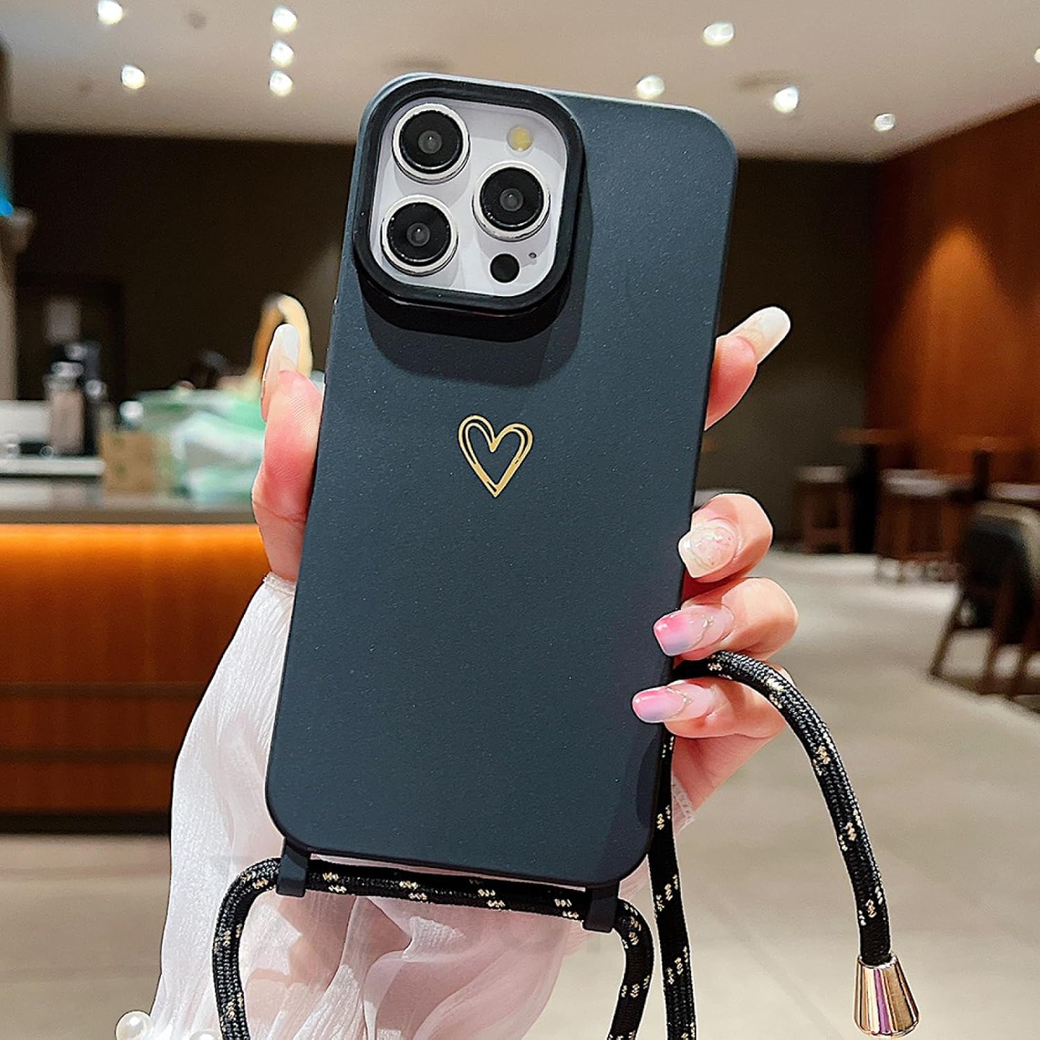 Lanyard Liquid Silicone Love Heart Soft Crossbody Necklace Strap Shockproof Cover(for iPhone 14 Pro/Black)