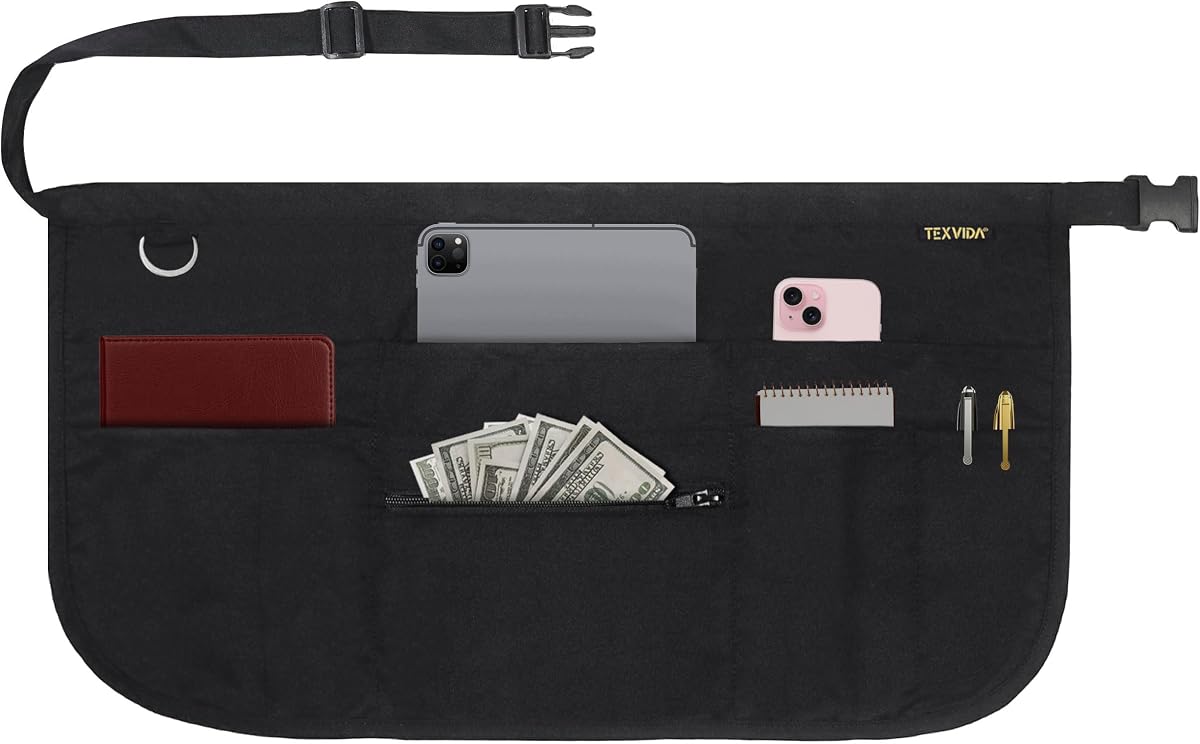7 Pockets Server Apron with Buckle Closure & Zippered Money Pouch – Stain Resistant, Black Waitress Apron