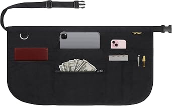 7 Pockets Server Apron with Buckle Closure & Zippered Money Pouch Stain Resistant, Black Waitress Apron