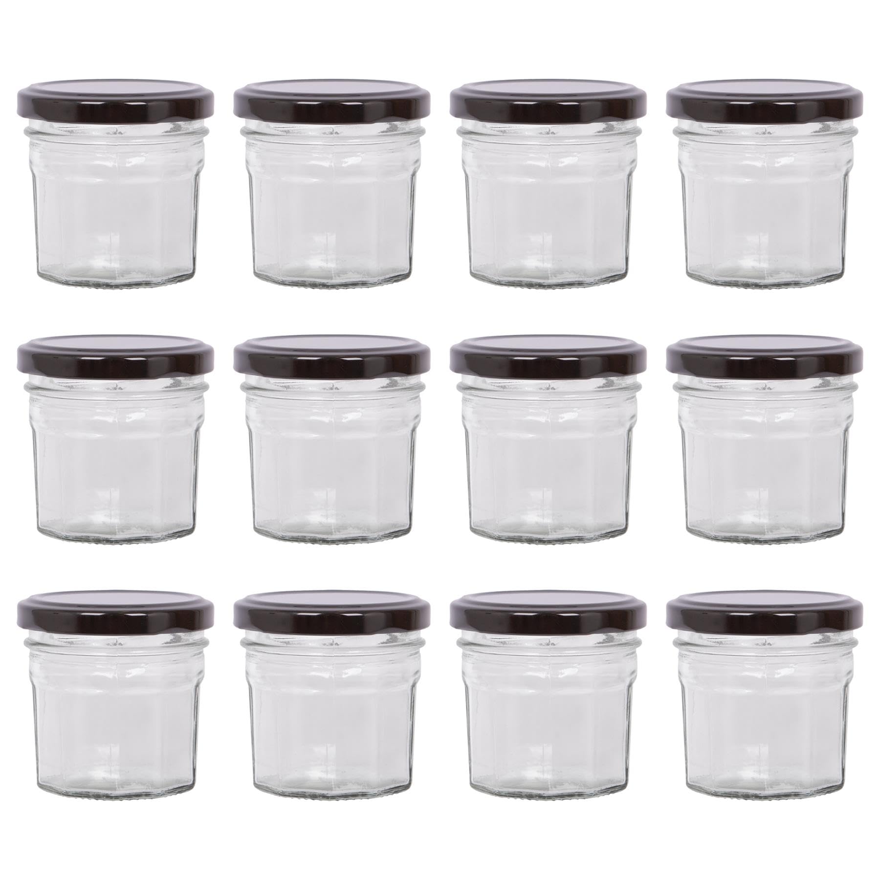 Argon Tableware Black Lid Glass Jam Jars With Airtight S - 90Ml - Pack Of 12 - Empty Screw Top Kitchen Storage Jar For Food, Honey, Spice, Pickling, Preserving, Candle Making