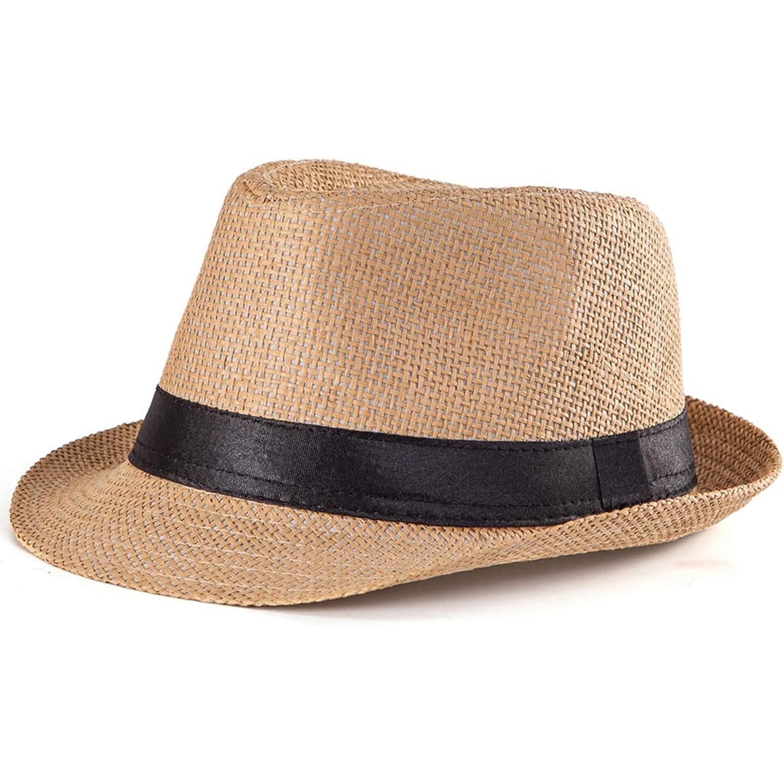 THE WHITE SHOP Straw Fedora Hat for Men Women, Panama Trilby Hat with Short Brim Summer Beach Sun Hat Foldable Roll Up (Khaki)