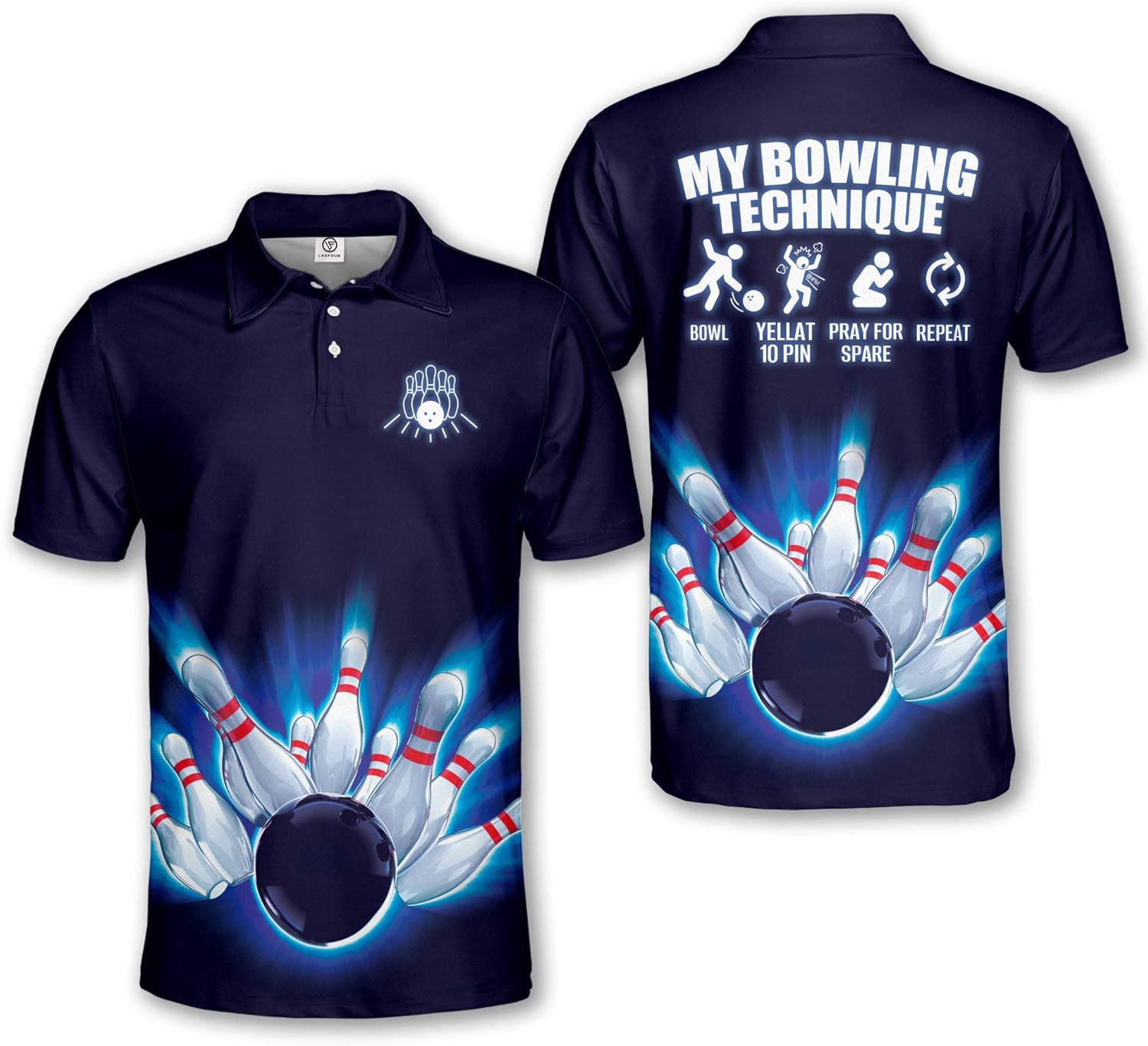LASFOUR Bowling Shirts for Men, Bowling Jerseys for Men, Mens Bowling Polo Shirts Short Sleeve, Funny Bowling Team Shirts Men