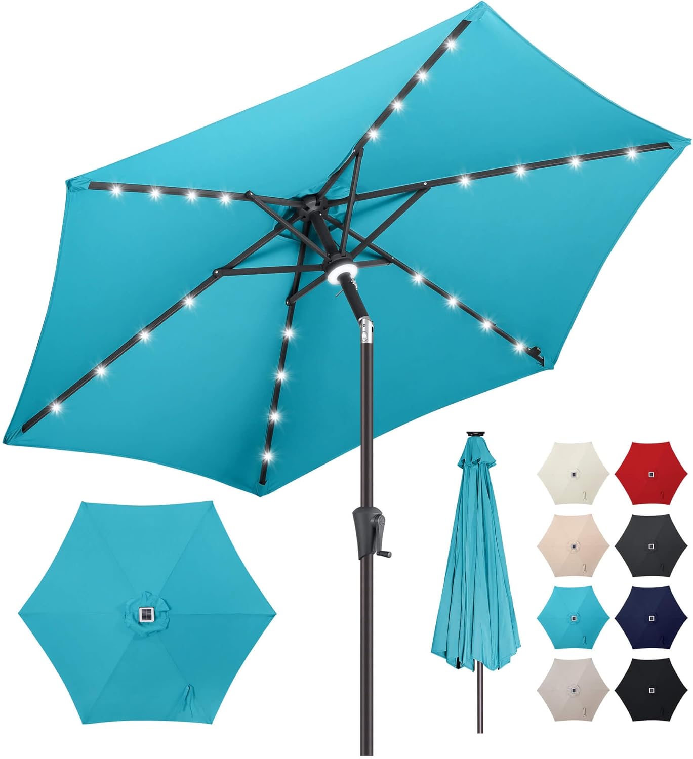 7.5ft Solar Umbrella Outdoor - Lighted Solar Patio Umbrella with 24 LED Lights Waterprool UV Protection, Table Umbrella with Tilt for Pool, Porch, Garden, Deck, Backyard (Aqua Blue)