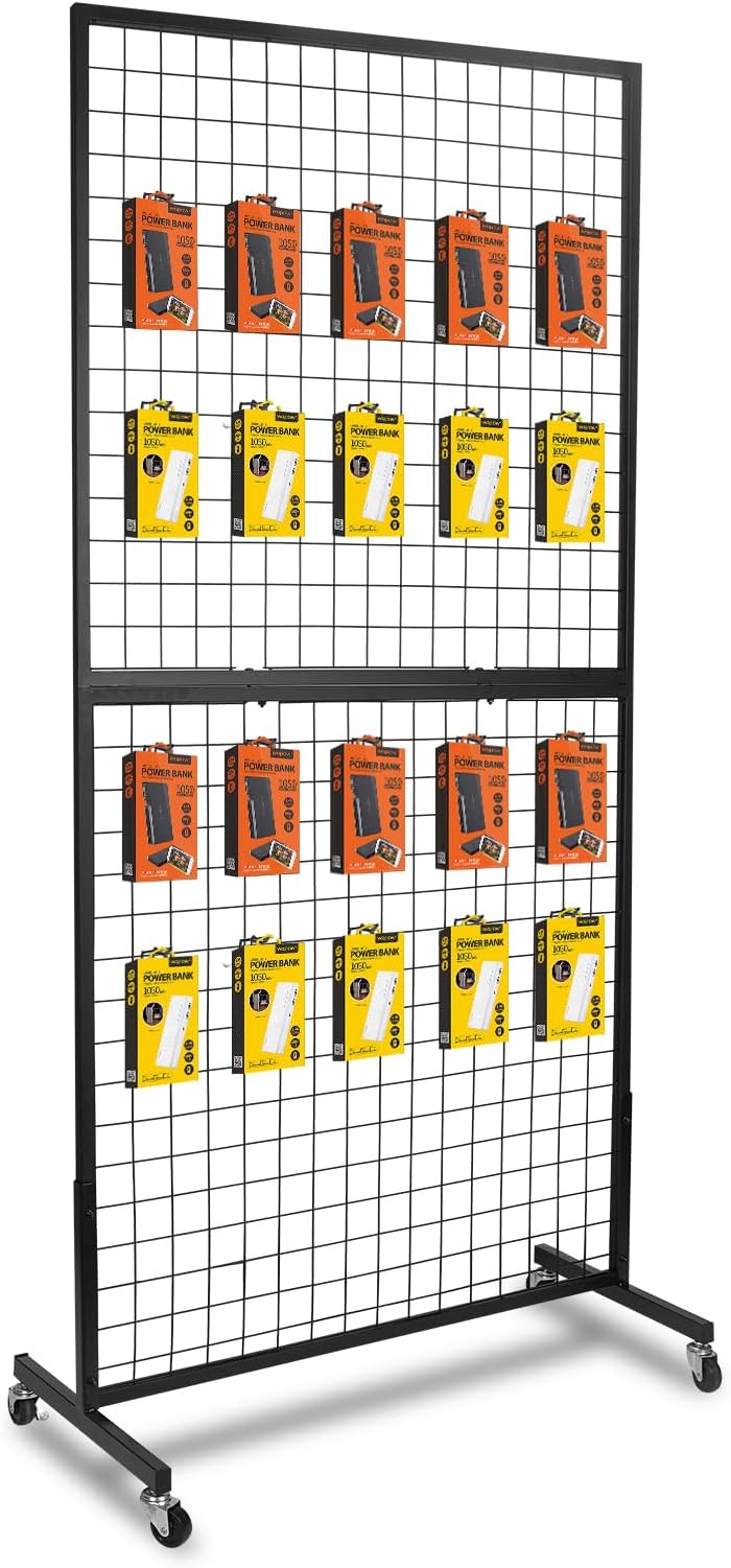 3'x 6' Two-Double Gridwall Panel Display Stand with T-Base, Black Wire Grid Wall Panels with Wheels, Craft Display Rack, Art Display Stand, Retail Display, Show Rack