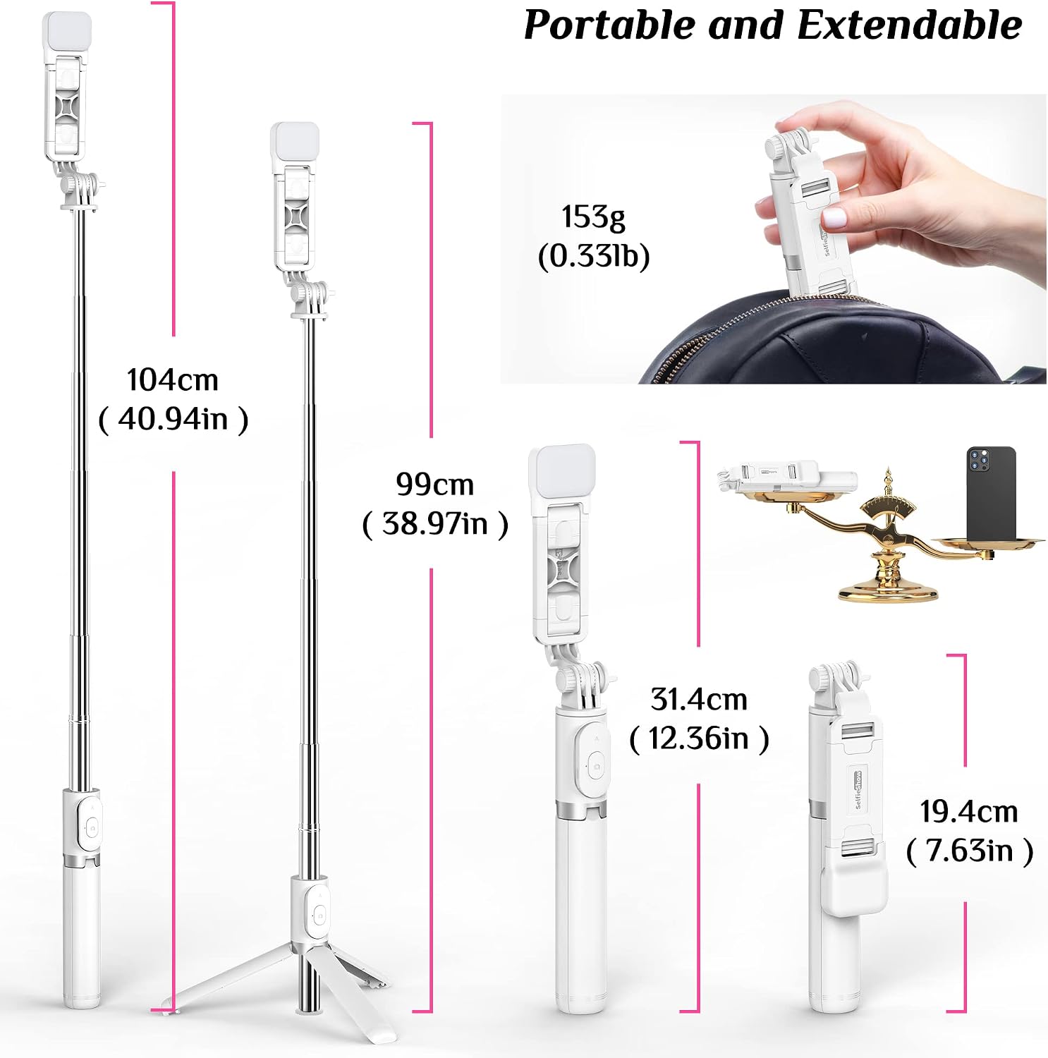Selfie Stick Tripod with Fill Light, All in One Extendable Selfie Stick with Detachable Wireless Remote, Flexible Phone Tripod Stand Compatible with iPhone/Galaxy, Compact Size & Lightweight