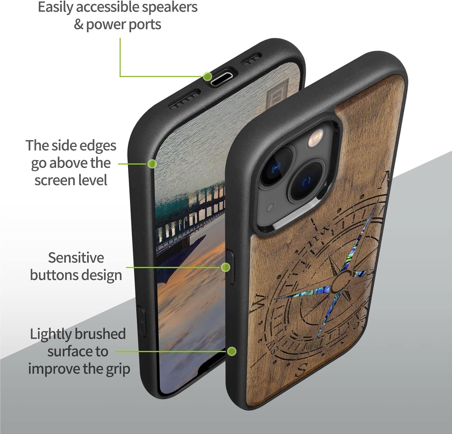 Carveit Designer Wooden Magnetic Case for iPhone 14 Case [Wood Engraving & Shell Inlay] Unique Wood Phone Cover Compatible with iPhone 14 MagSafe 6.1 Inch (Compass-Walnut)
