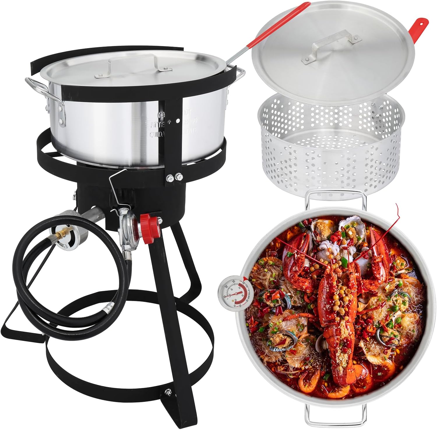 Outvita 10Qt Deep Fryer Pot, Aluminum Fish & Seafood Boiler Steamer with 55,000 BTU Propane Gas Burner Stand Injector Thermometer Hose, Ideal for Outdoor Fry Cooking