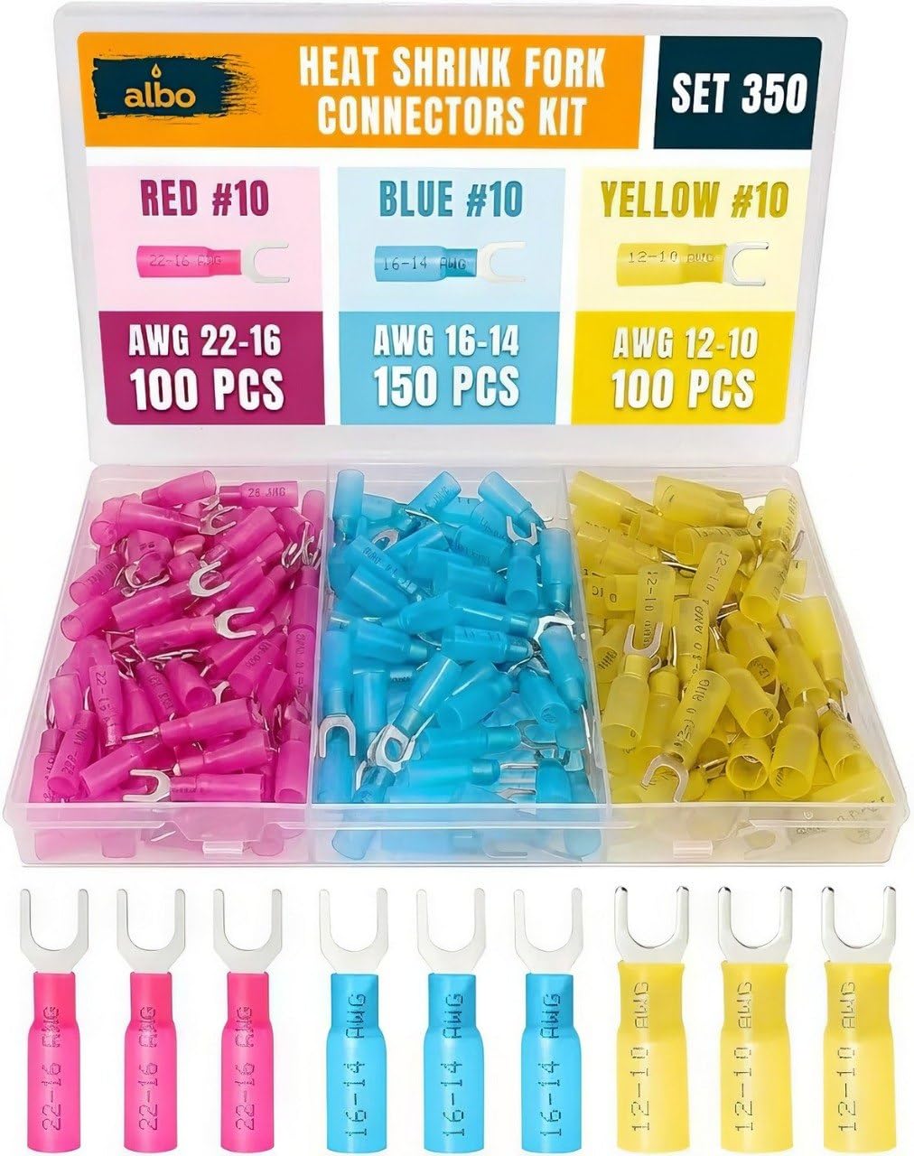 ALBO Heat Shrink Fork Connector Kit 350 PCS – Waterproof Spade Wire Terminals AWG 22-10, Marine Grade Insulated Electrical Connectors for Automotive, Boat, RV & DIY Wiring (Red Blue Yellow)