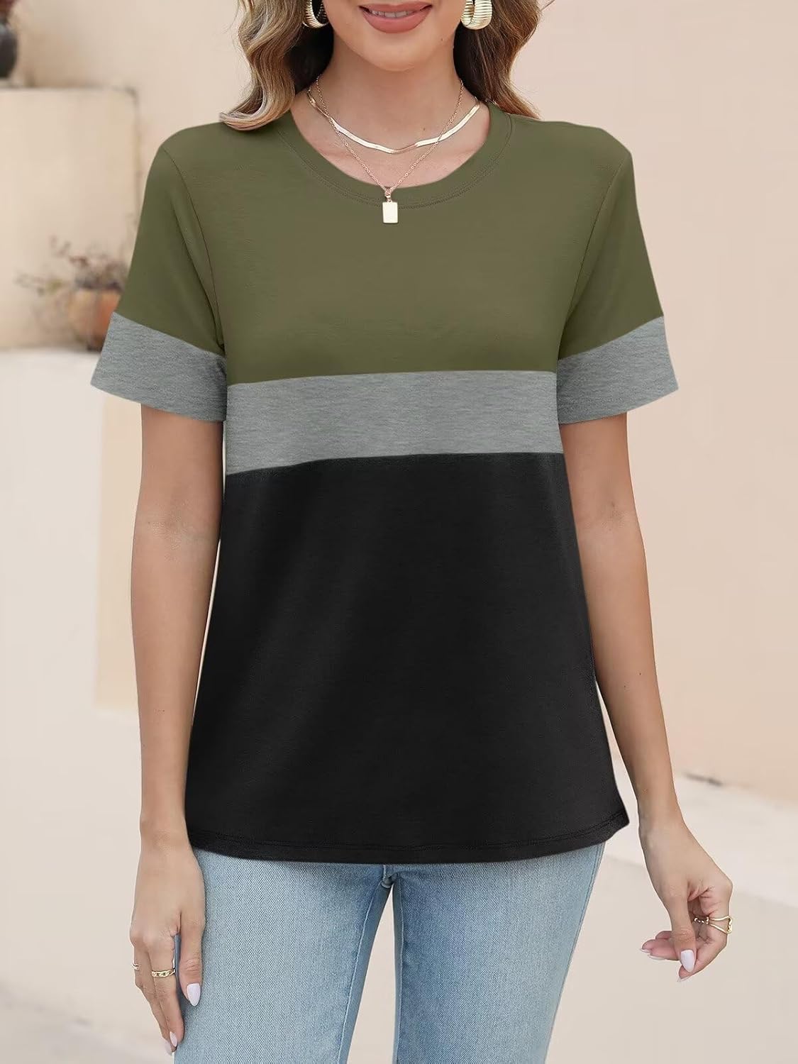 ORANDESIGNE Women’s T Shirts Short Sleeve Color Block Tops Casual Summer Fashion Tees - Image 3