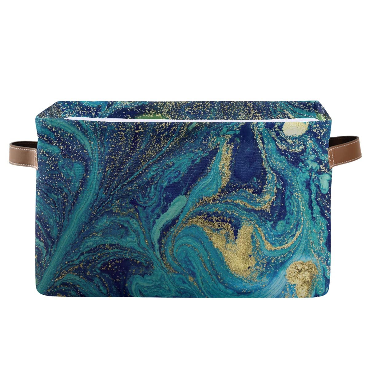 Foldable Storage Baskets Set of 2, Marbled Blue Golden Storage Bins with Handles, Decorative Cloth Organizer Storage Boxes for Home|Office 15 x 11 x 9.5 in