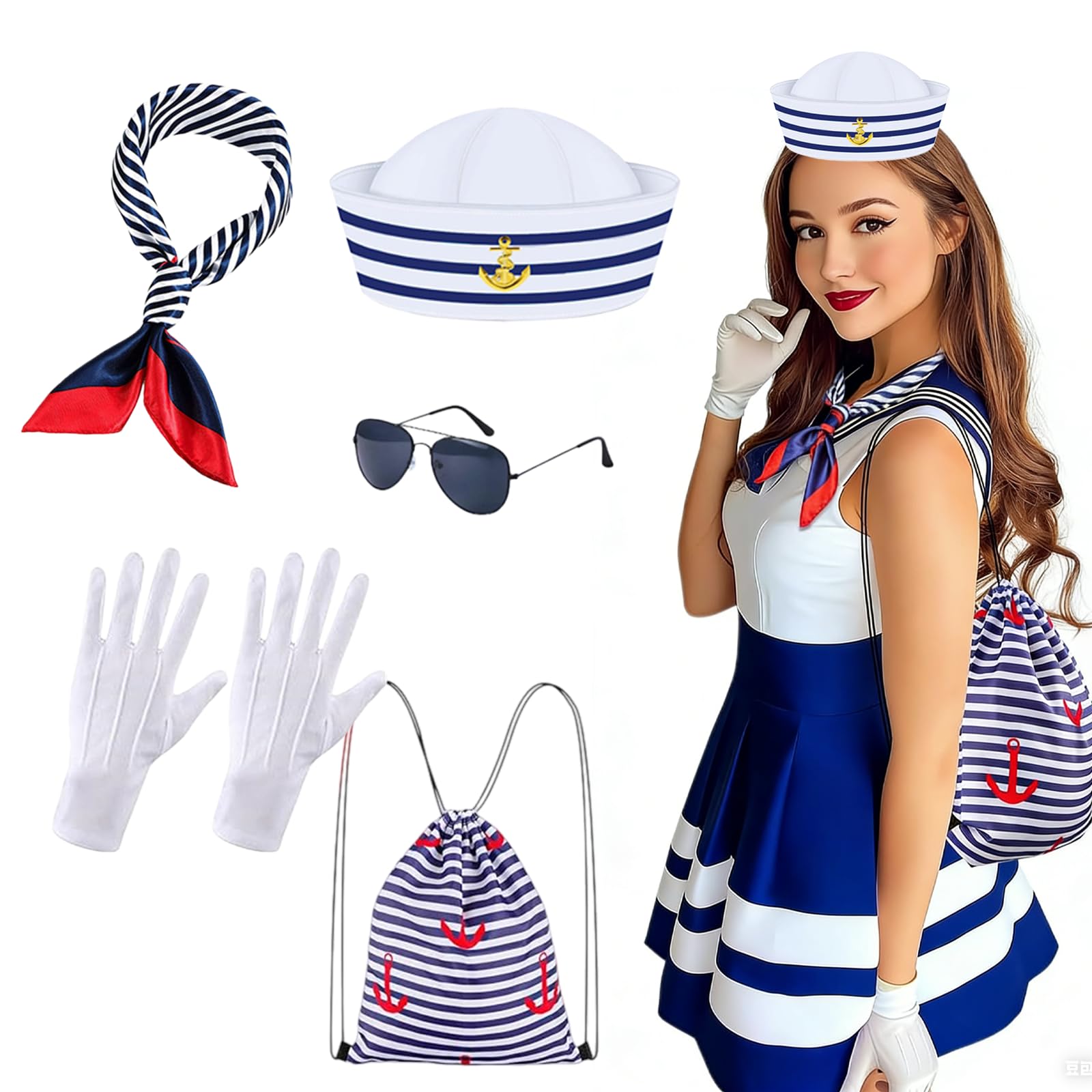 GWAWG Sailor Costume Women's Set Carnival, Sailor Hat with Scarf Gloves Sunglasses Bag Fancy Dress Costume Carnival Costume Women's Accessory for Carnival Halloween Theme Party