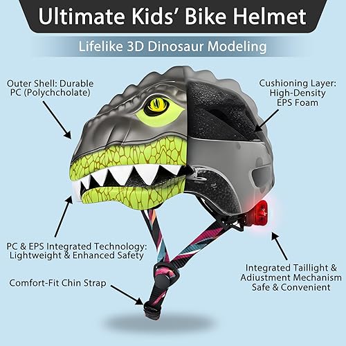 Miniatura 3 de KINGBIKE Casco para niños pequeños para niños y niñas de 2 a 8 años, casco de bicicleta para niños, cascos ligeros de dinosaurio con luz LED para
