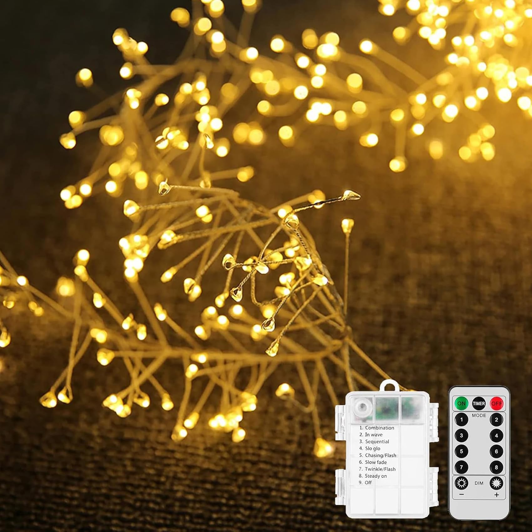 KINGCOO Cluster Fairy Lights with Remote, 29.5FT 300LED Silver Wire Firecracker Garland String Lights Battery Operated with Timer for Outdoor Indoor Bedroom Wedding Christmas Party Decor (Warm White) — image 1