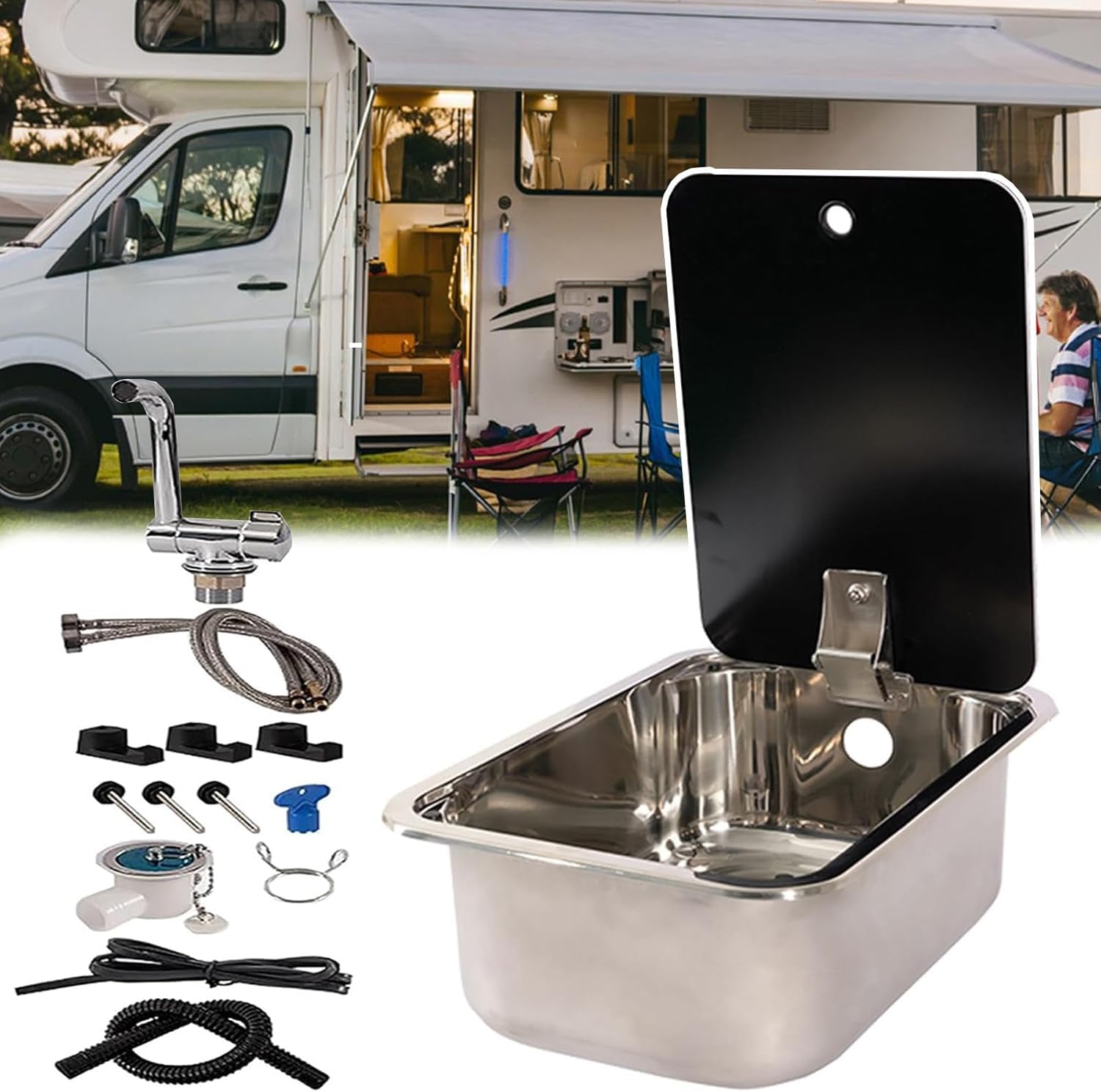 Lavello da Campeggio con Rubinetto Pieghevole e Copertura, Piccolo Kit di lavandino per Camper, Rubinetto Caldo e Freddo - torcere su e Giù, lavabo in Acciaio Inossidabile/Tagliere, per Camp