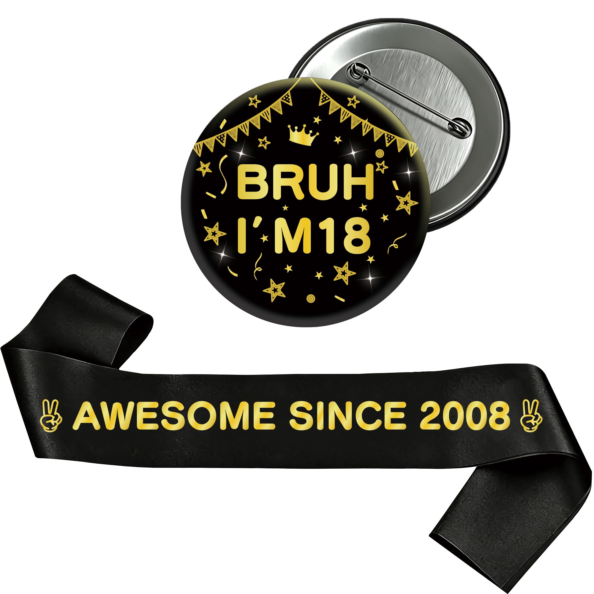 Yiiyyuuko 18th Birthday Decorations Badge Sash - Black Gold Vintage Awesome Since 2008 Sash and Badge Accessory Gift for Boys Girls 18 Year Old Retro Theme Happy Birthday Party Supplies