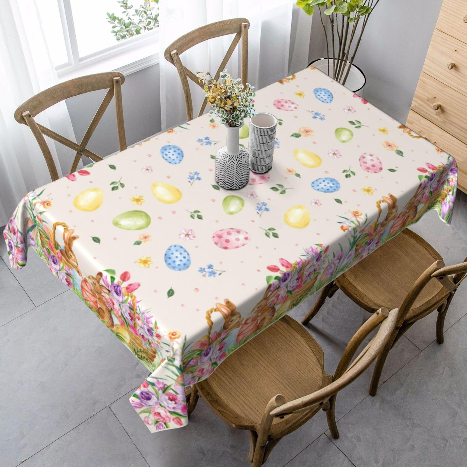 mutakin Bunny Eggs Rectangle Tablecloth Washable Table Cloth 60x90 Inch Table Cover Waterproof for Decoration Kitchen Dining Room