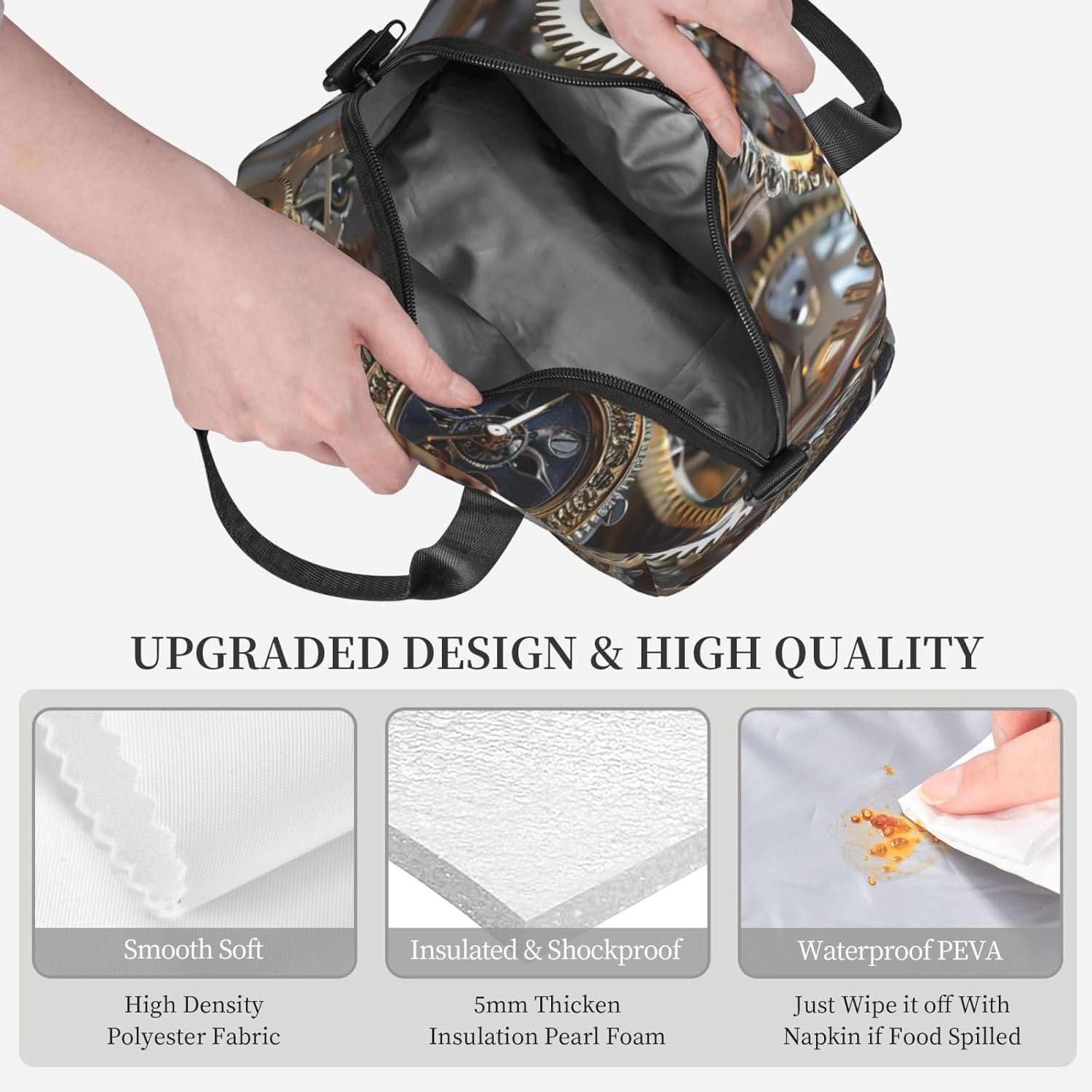 Clock Gear Print Reusable Lunch Bag Insulated Lunch Boxes for Office Work Picnic Tote Bag Adjustable