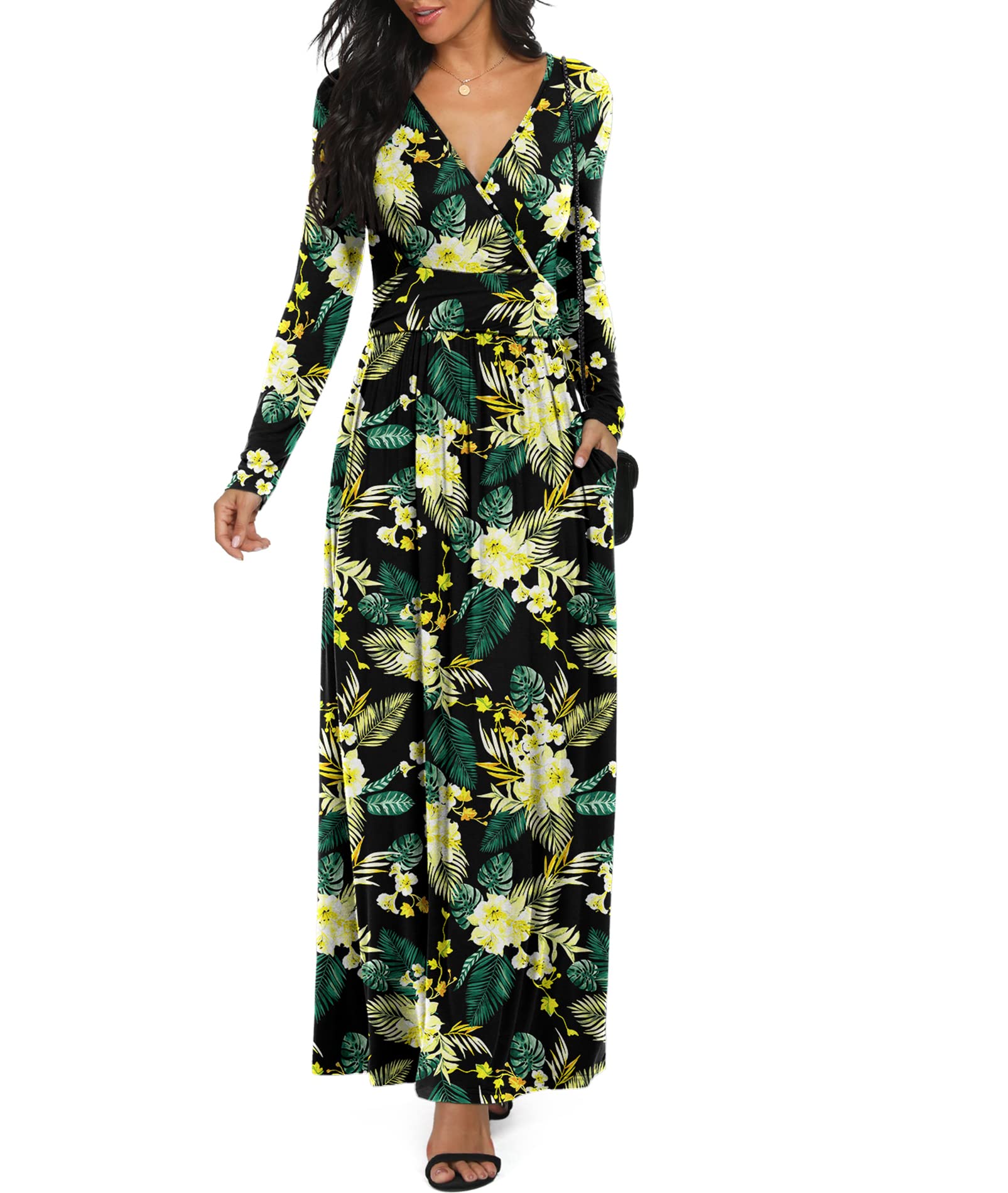 LILBETTER Women Long Sleeve Deep V Neck Loose Plain Long Maxi Casual Dress