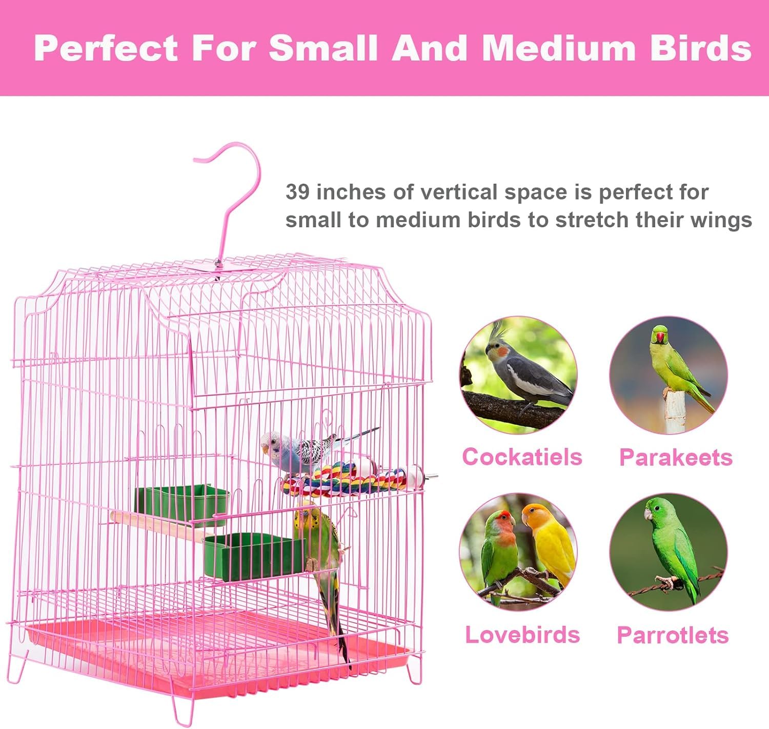 Egzotyczne Klatka dla Kanarków Podróżna Klatka Dla Ptaków Przystawka Małych Papug Lovebirds Parrotlets Zięby Kanarki Wyjmowana Plastikowa Taca Klatka dla Papug(Pink)