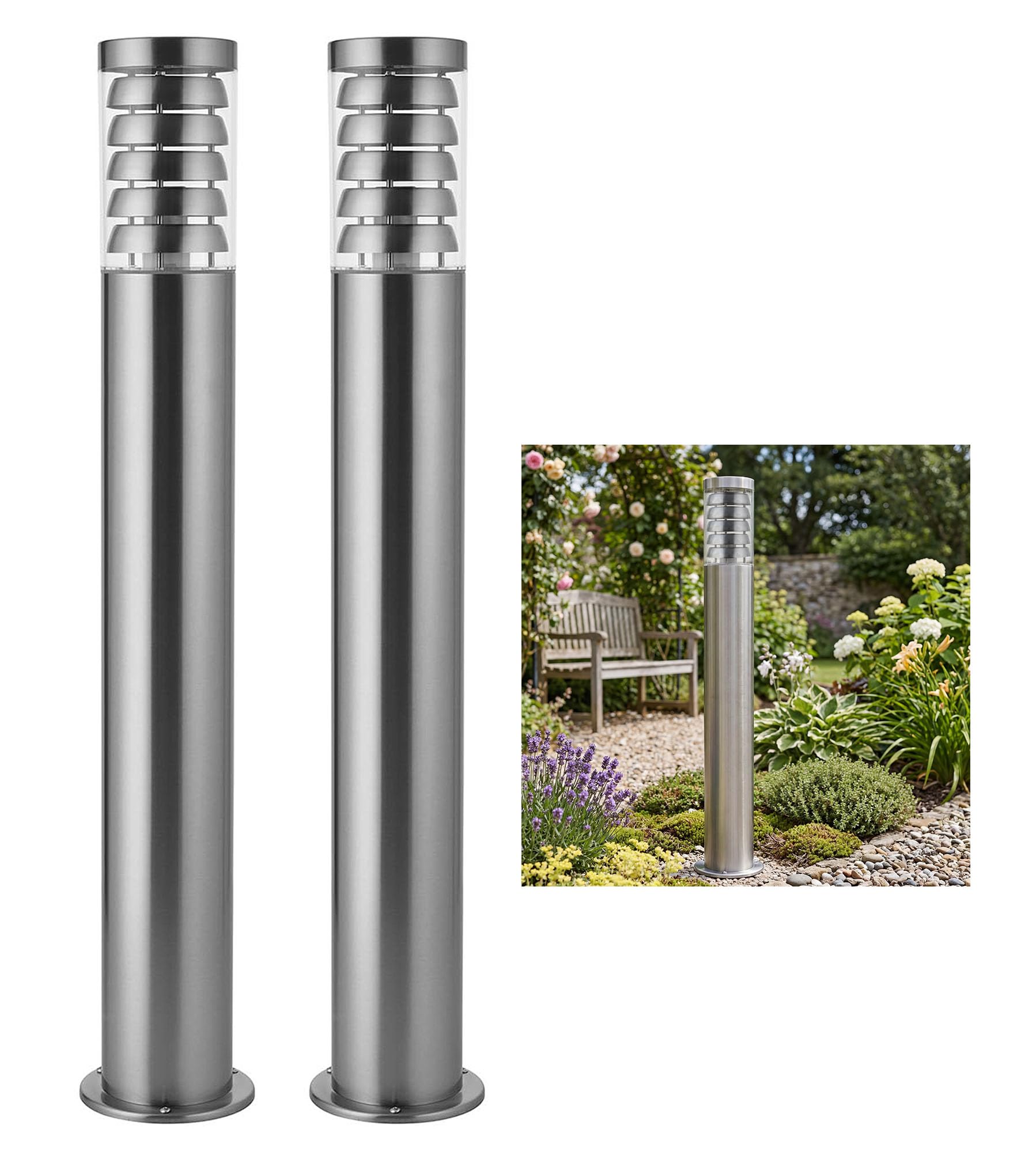 National Lighting Tango IP44 Rated Brushed Stainless Steel Bollard Light Fixture for Outdoors - E27 Pedestal Post Light - LED Compatible Garden Post - Walkways, Pathways, Driveways - 800mm, 2-Pack