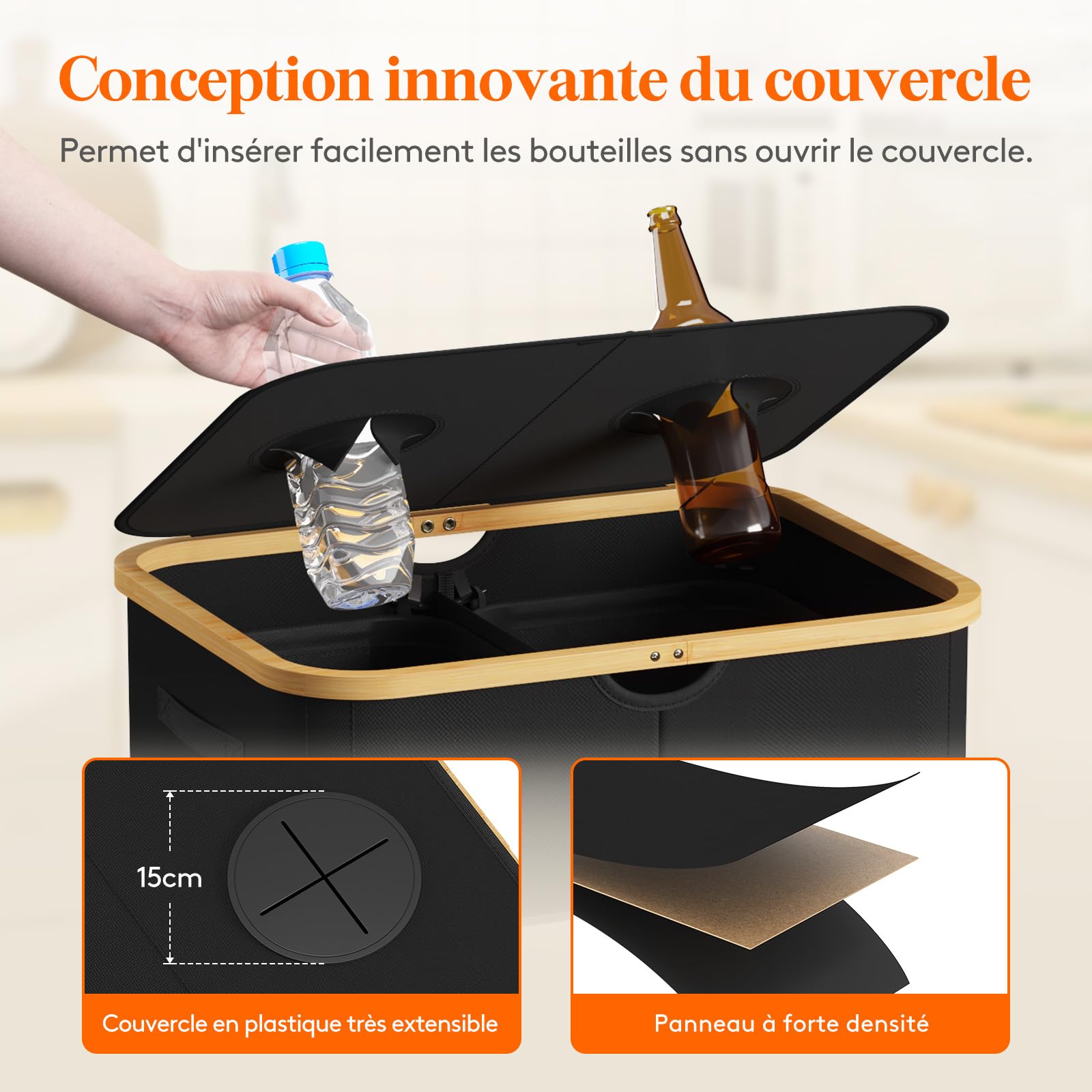 Lifewit Collecteur de Bouteilles avec Couvercle 2 Compartiment, Poubelle Tri Selectif pour Plastique, Bouteilles Verre, Poubelle Exterieur de Recyclage avec Trou, Cuisine Rangement, 150L, Noir