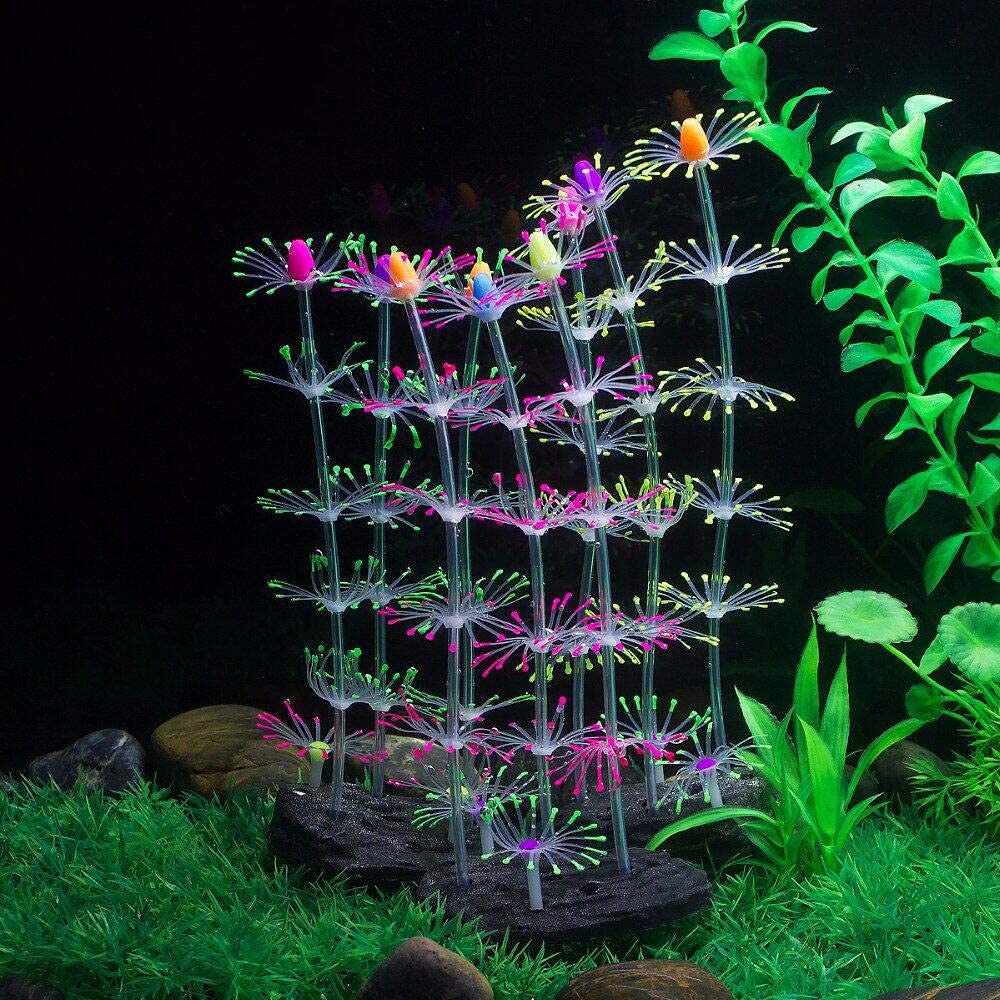Podazz Lot de 4 Décorations Fluorescentes pour Aquarium, Corail Artificiel et Anémone en Silicone avec Ventouse, Ornements Aquarium pour Eau Douce, Eau de Mer, Nano Bac et Décor Récif