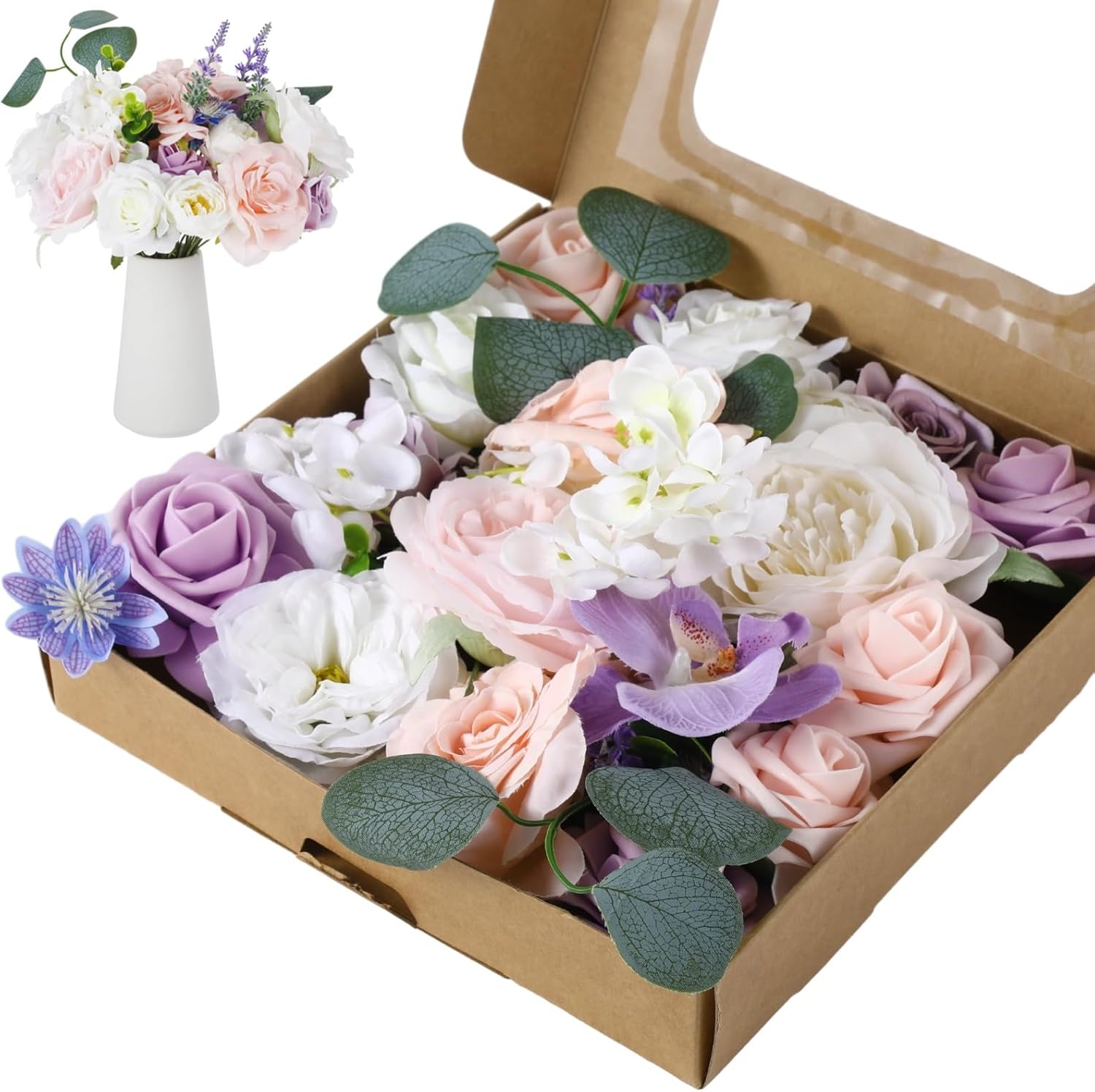 Purple Pink Artificial Flowers Combo Box, Silk Floral Wedding Bouquets Rose with Stem for DIY Wedding Arrangement Bridal Baby Shower Flower Vase Centerpiece Cake Decor