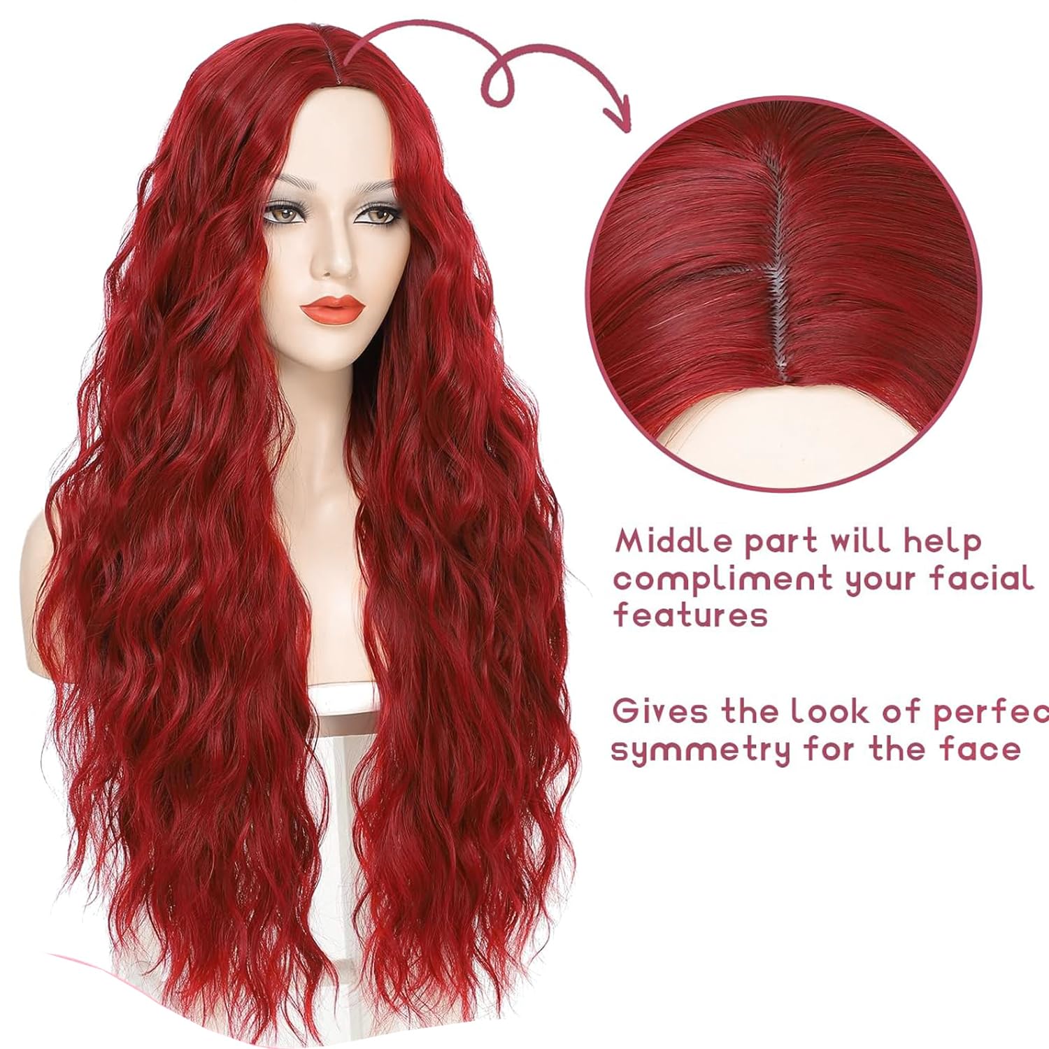 PORSMEER Long Red Wavy Wig - Fluffy Curly Synthetic Heat Resistant Wig for Daily Use or Movie Character Costume - Image 3