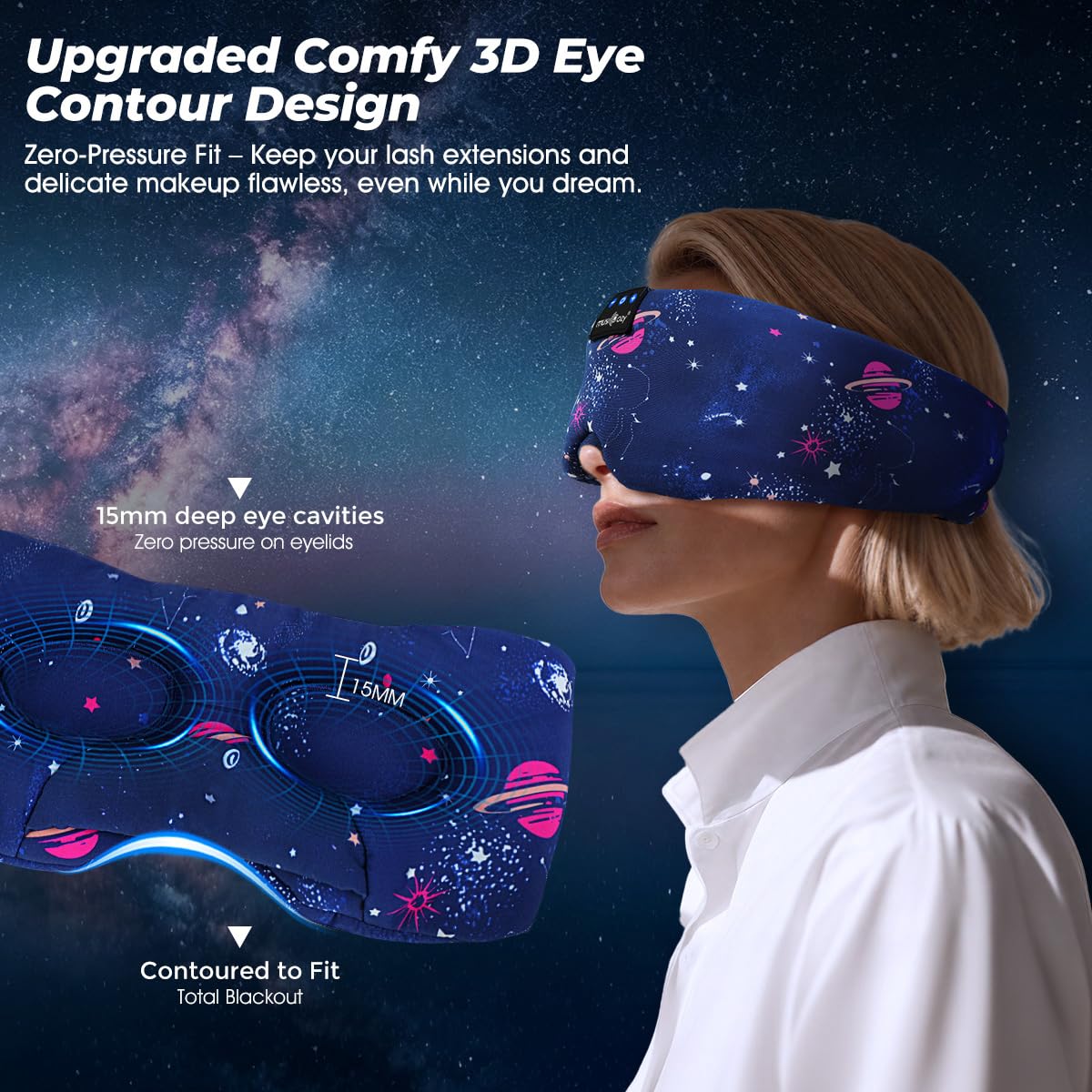 MUSICOZY Máscara de seda para dormir, 100% opaco, 3D, con auriculares, color azul