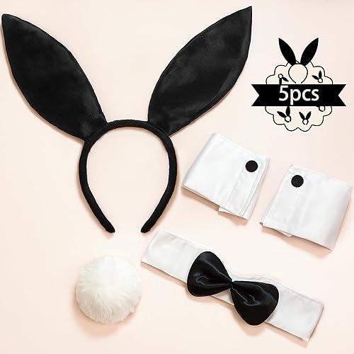 Miniatura 2 de Women Bunny Costume Accessories Set, White and Black Bunny Ears Headband Collar Bow Tie Costume Cuffs Rabbit Tail for Adult Halloween Party