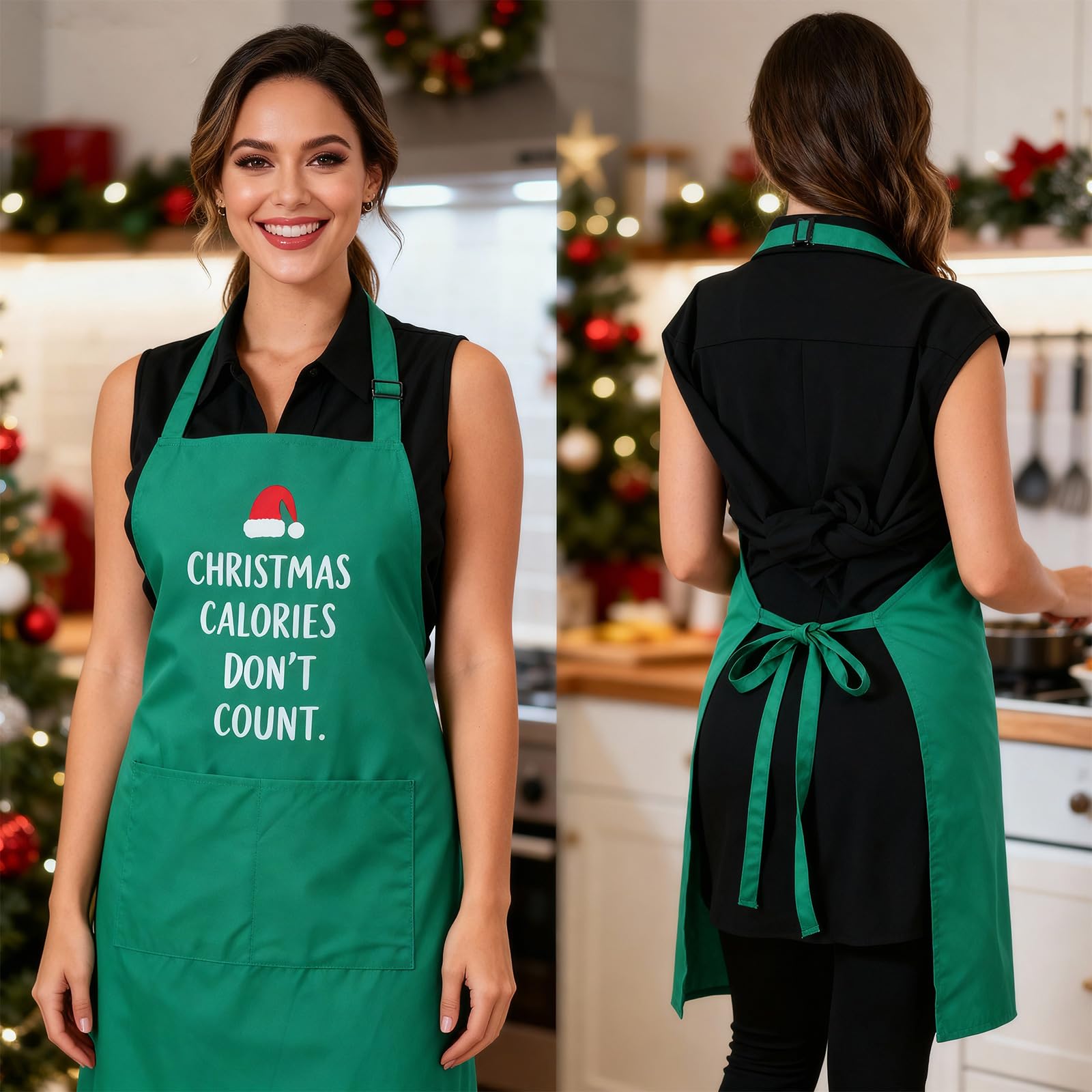 Delantales de cocina de Navidad para mujer con bolsillos, disfraz de chef de camarera, bonito delantal de cocina, regalos de cocina para hombres (verde), Verde, Standard