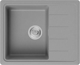 Évier de Cuisine en Granit Gris, 62 x 50 cm, Lavabo 1 bac + Siphon Classique, 5 couleurs et option antibactérienne, Évier à Encastrer de Primagran