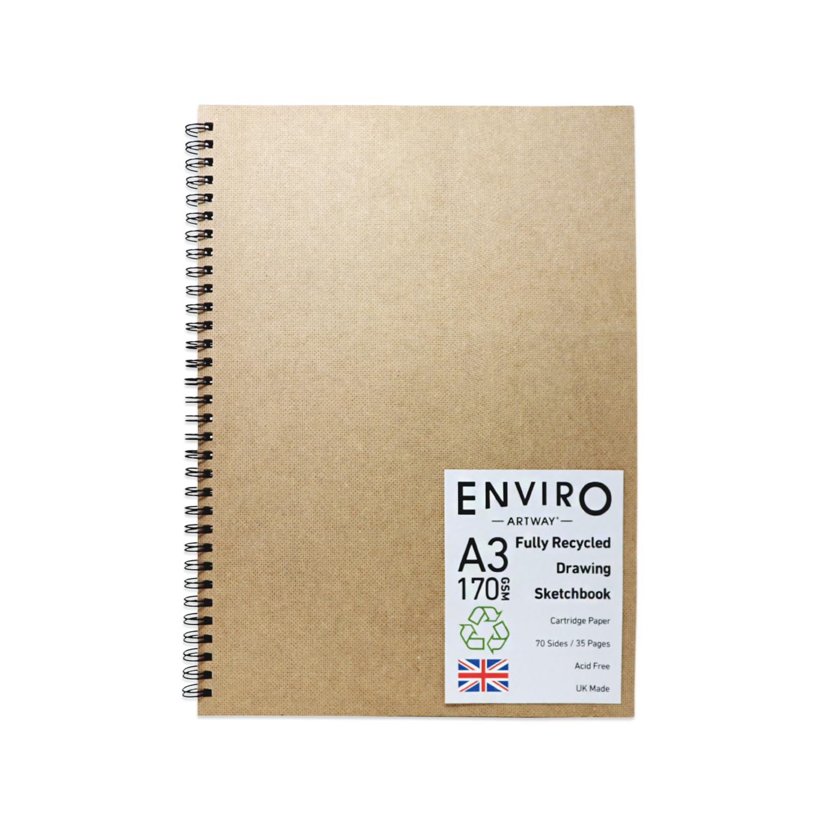 Artway Enviro – Spiral Bound A3 Sketchbook – Portrait - 70 Sides/35 Pages of Recycled 170gsm Drawing Paper – 100% Recycled Sketchbook / Scrapbook, white