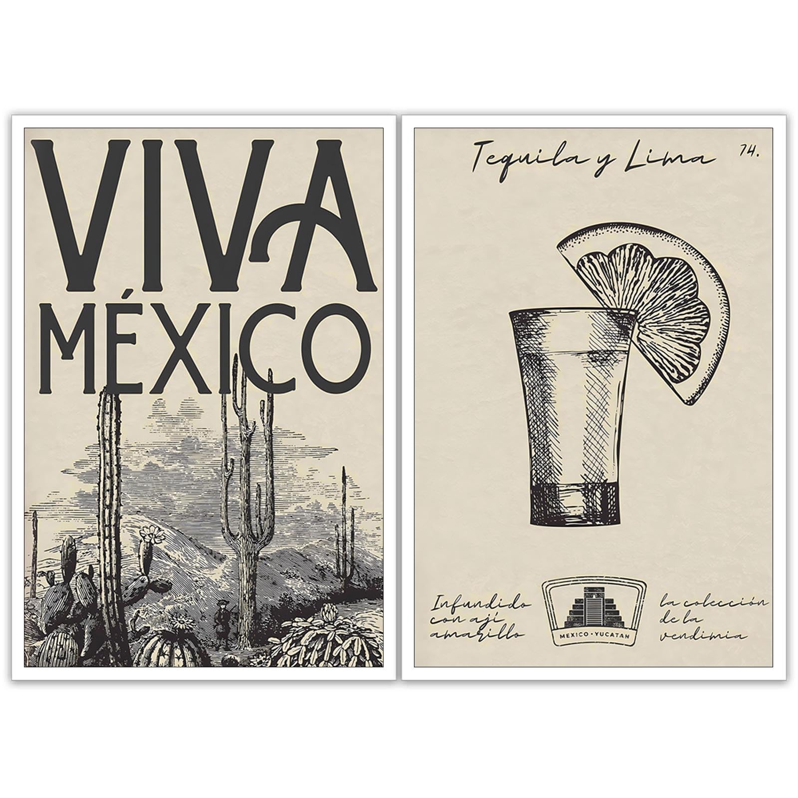 Beshdomp Set Of 2 Retro Mexican Tequila Posters Spanish Travel Culture Cactus Spiny Plants Art Alcohol Liquor Drink Prints Painting For Home Bedroom Dorm Office Wall Decor 12x16in Unframed