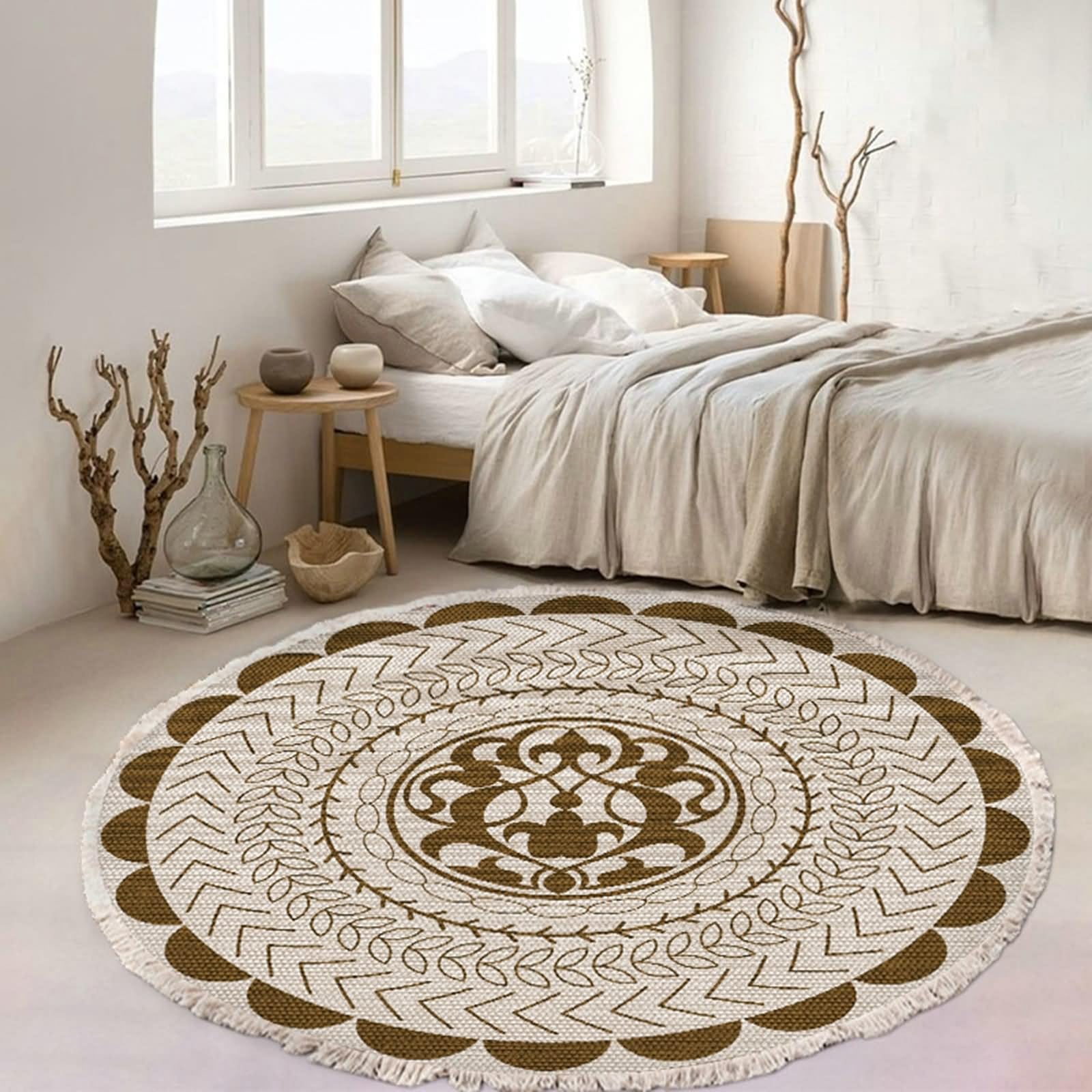 Teppich Weich Rund 90cm, Teppich Küche Esszimmer Braun Beige Blättermuster Polyester