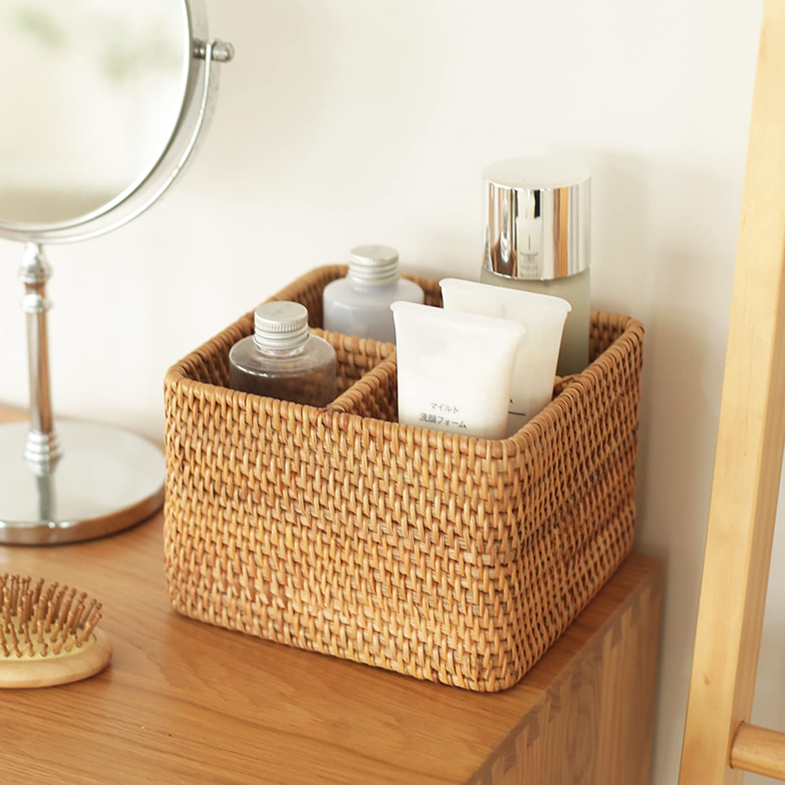 Handgewebte Rattan-Aufbewahrungsbox mit 4 Fächern für Kosmetik, Utensilien und Flaschen, Servierkorb 180mm 4-compartment Box beige Kosmetik