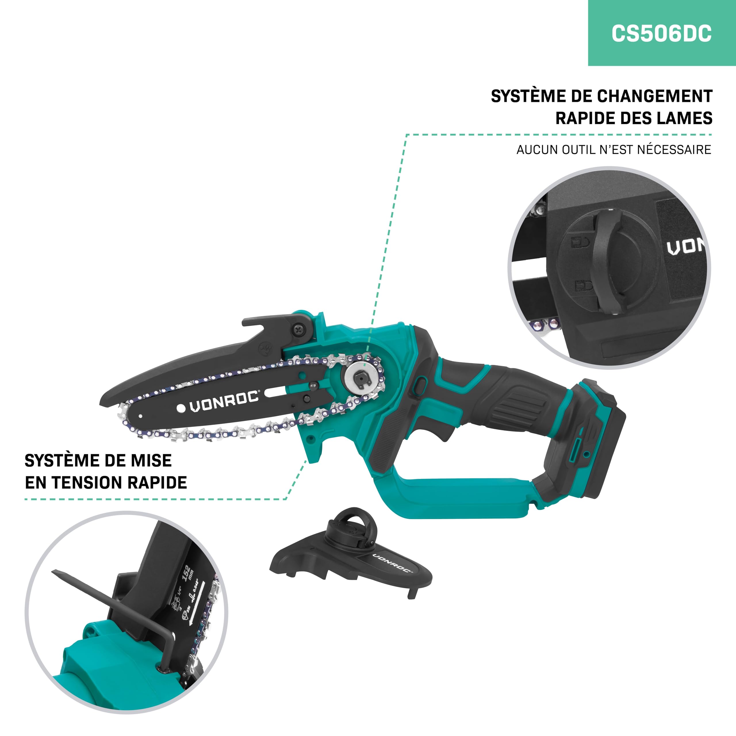VONROC Mini Tronçonneuse Sans Fil 20V – VONROC CS506DC | Scie Électrique Compacte & Puissante pour Élagage, Coupe de Bois, Lame 127 mm, Tension Rapide, Léger & Sécurisé | Batterie Non Incluse