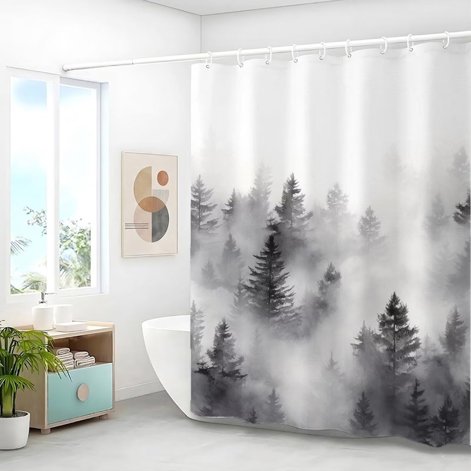 Rideau de Douche Anti Moisissure et Imperméable, Polyester Shower Curtain Peinture à l'encre Lavable avec Ourlet Inférieur Lesté, Rideaux Douche Japon avec Œillets et 12 Crochets, 240x200 cm J8-589