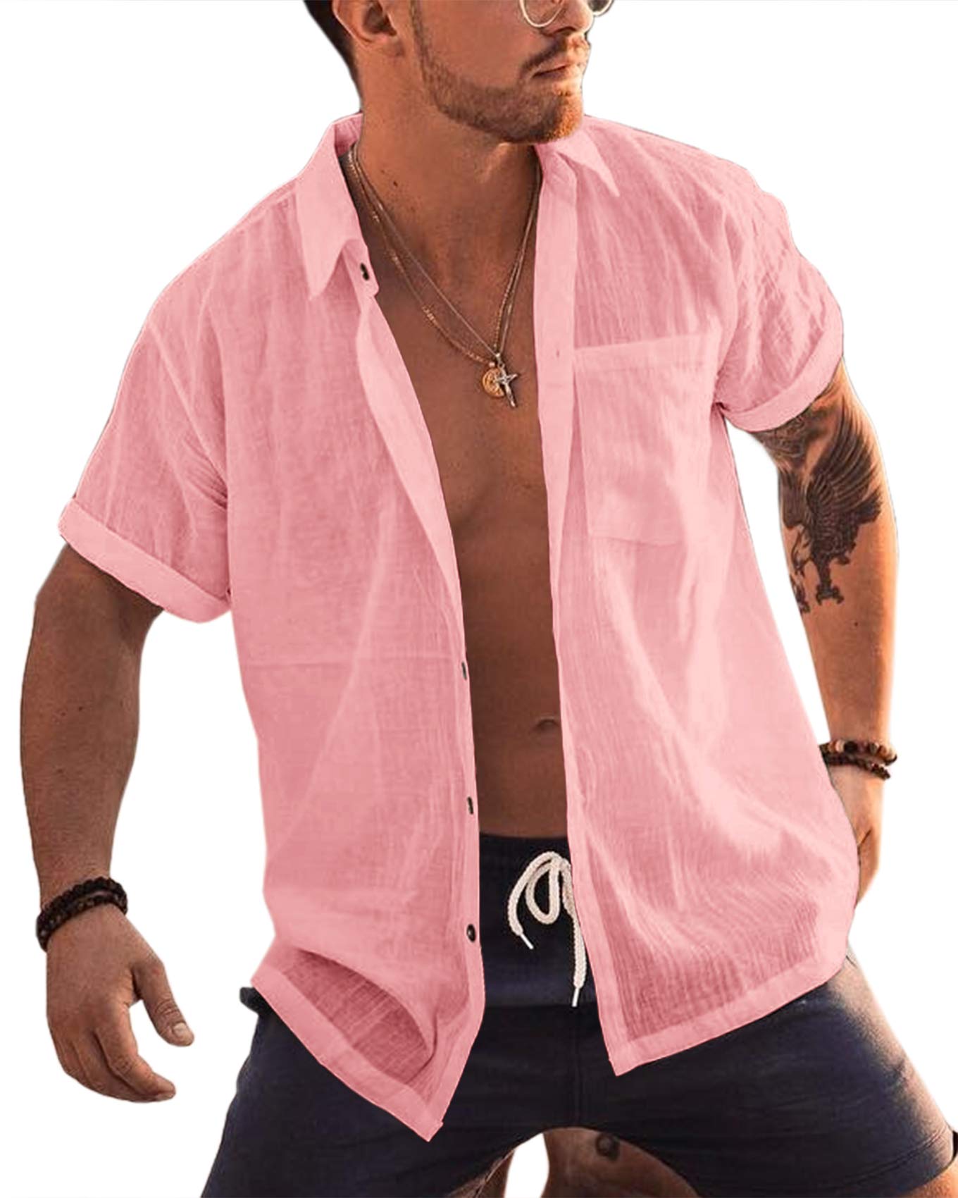 Runcati Camisa para hombre, manga corta, camisa de playa, algodón y lino, cuello reversible, camisa de verano, camiseta de ocio para hombre