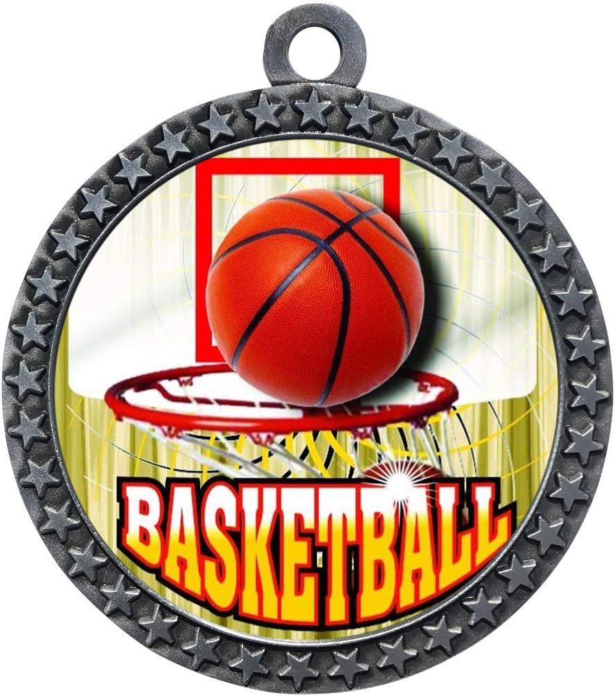 10 Pack of Basketball Silver 2.25 Inch Medals Trophy Awards with Red White Blue Neck Ribbons D212S-FCL412-10PK