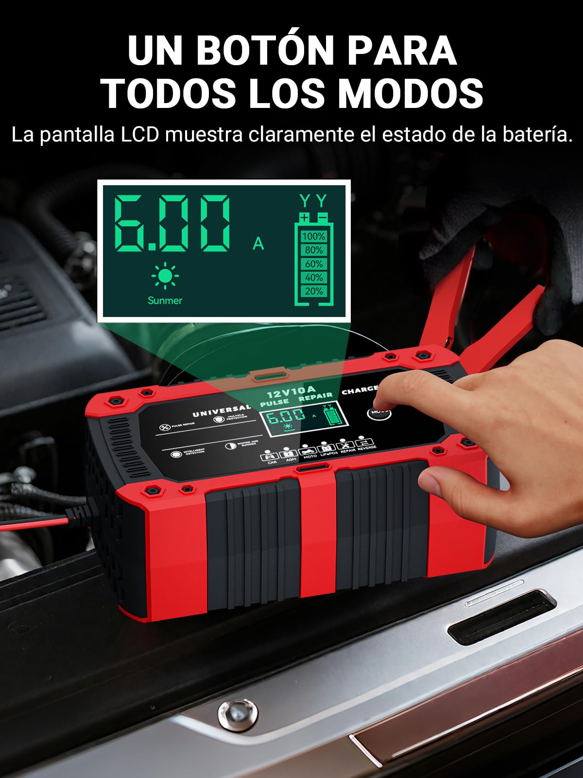 Cargador de Batería de Coche 12V 10A Cargador Baterias Coche y Moto con Pantalla Táctil LCD Inteligente y Múltiples Protecciones Cargador de Batería para Auto Moto Camión AGM, Gel, SLA