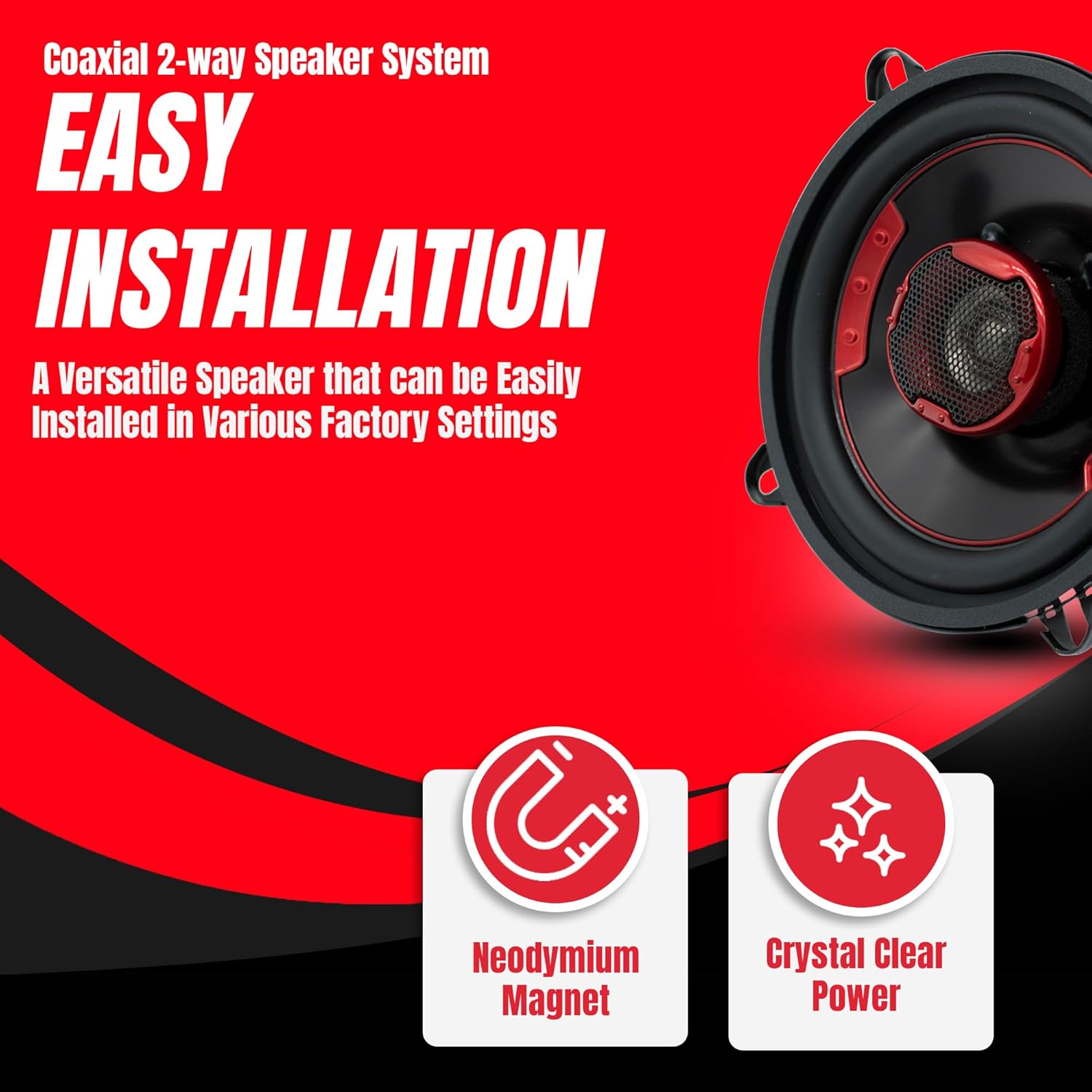 MB Quart XK2-113 speaker highlighting easy installation features like Neodymium Magnet and Crystal Clear Power