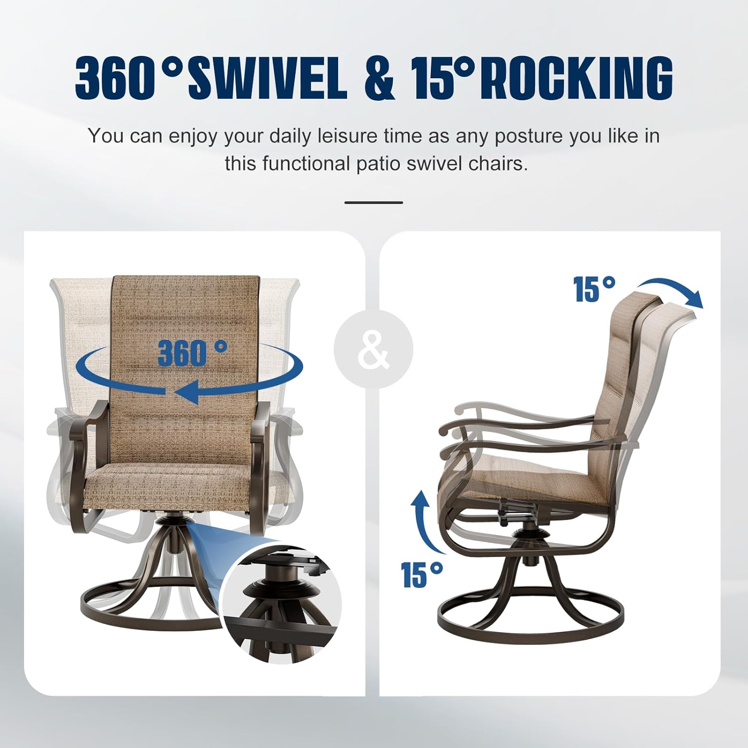 UDPATIO Patio Swivel Chairs Set of 2, Outdoor Dining Chairs High Back with Padded All Weather Breathable Textilene, Metal Rocking Frame for Backyard Lawn Garden, Brown