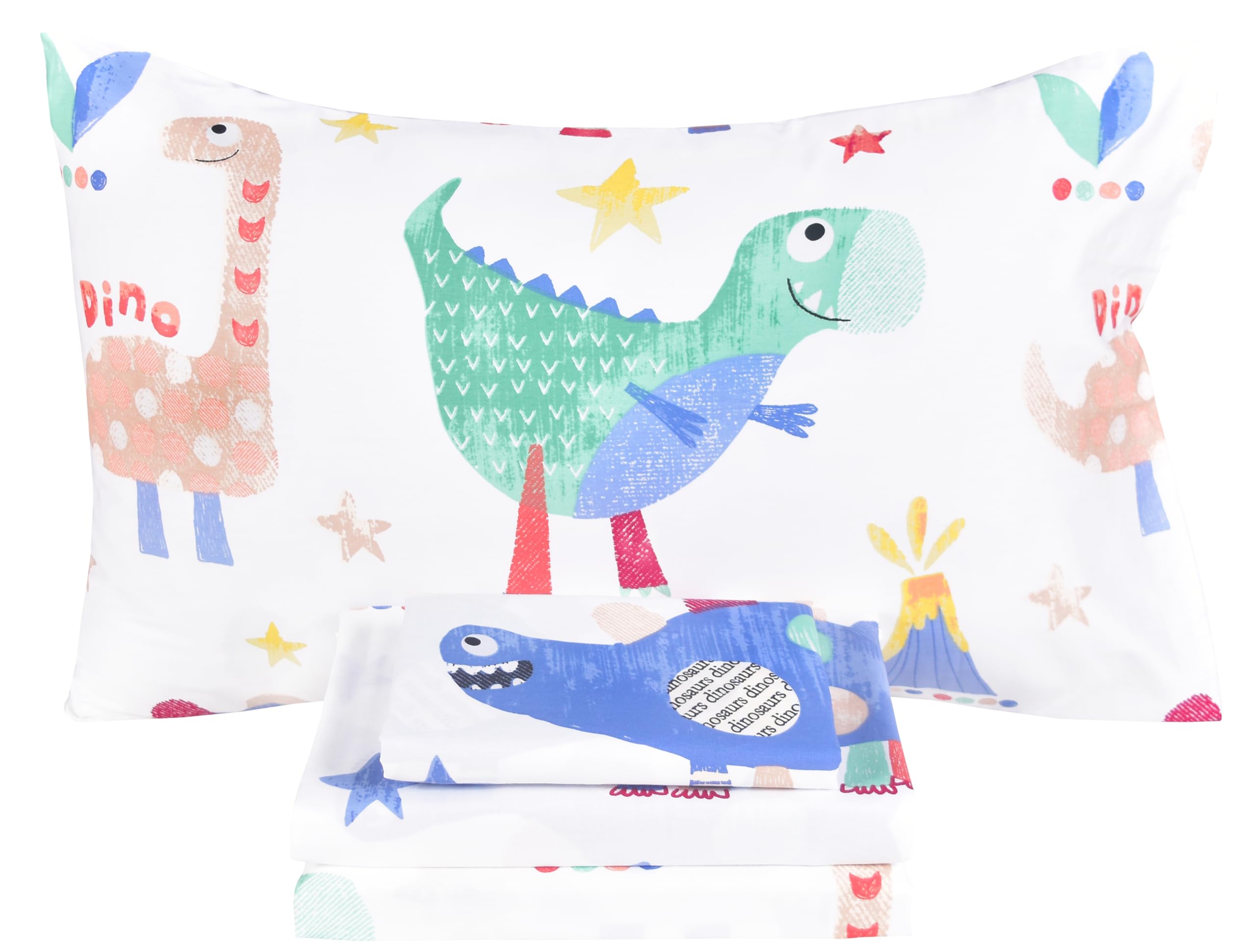 Scientific Sleep Jurassic Big Dinosaur Cute Kids Teen Boys Girls 100% Cotton 4 Pcs Full Bed Sheet Set, Flat Sheet &amp; Fitted Sheet &amp; Pillowcase Kids Bedding Set Full