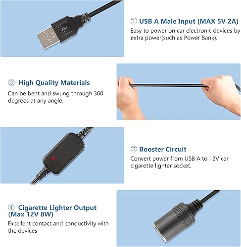 Miniatura 6 de Cable de alimentación USB A macho a 12 V 8 W, adaptador de enchufe para encendedor de cigarrillos de automóvil, cable convertidor de enchufe para