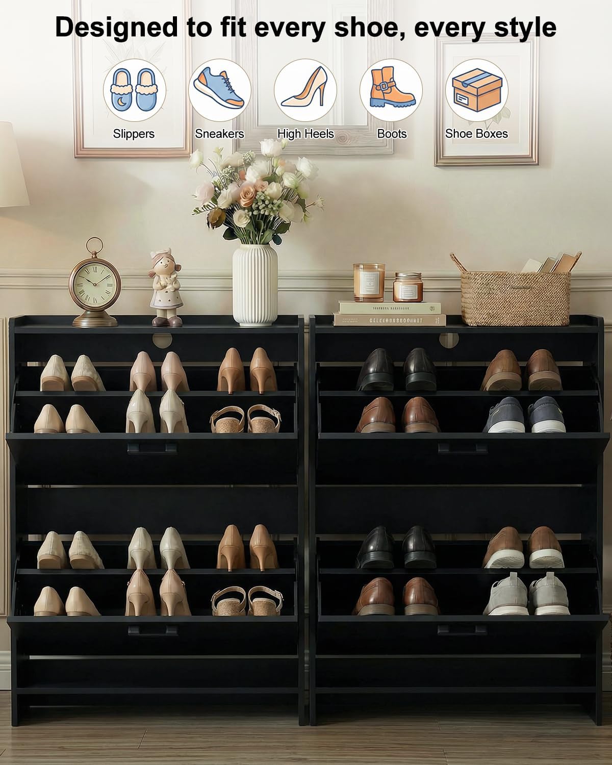 Shoe Cabinet with 2 or 3 Flip Drawers, Narrow Shoe Storage Cabinet, Hidden Shoe Organizer for Entryway, Space Saving Shoe Rack for Hallway, Living Room (Black, 2 Drawers with Handle)