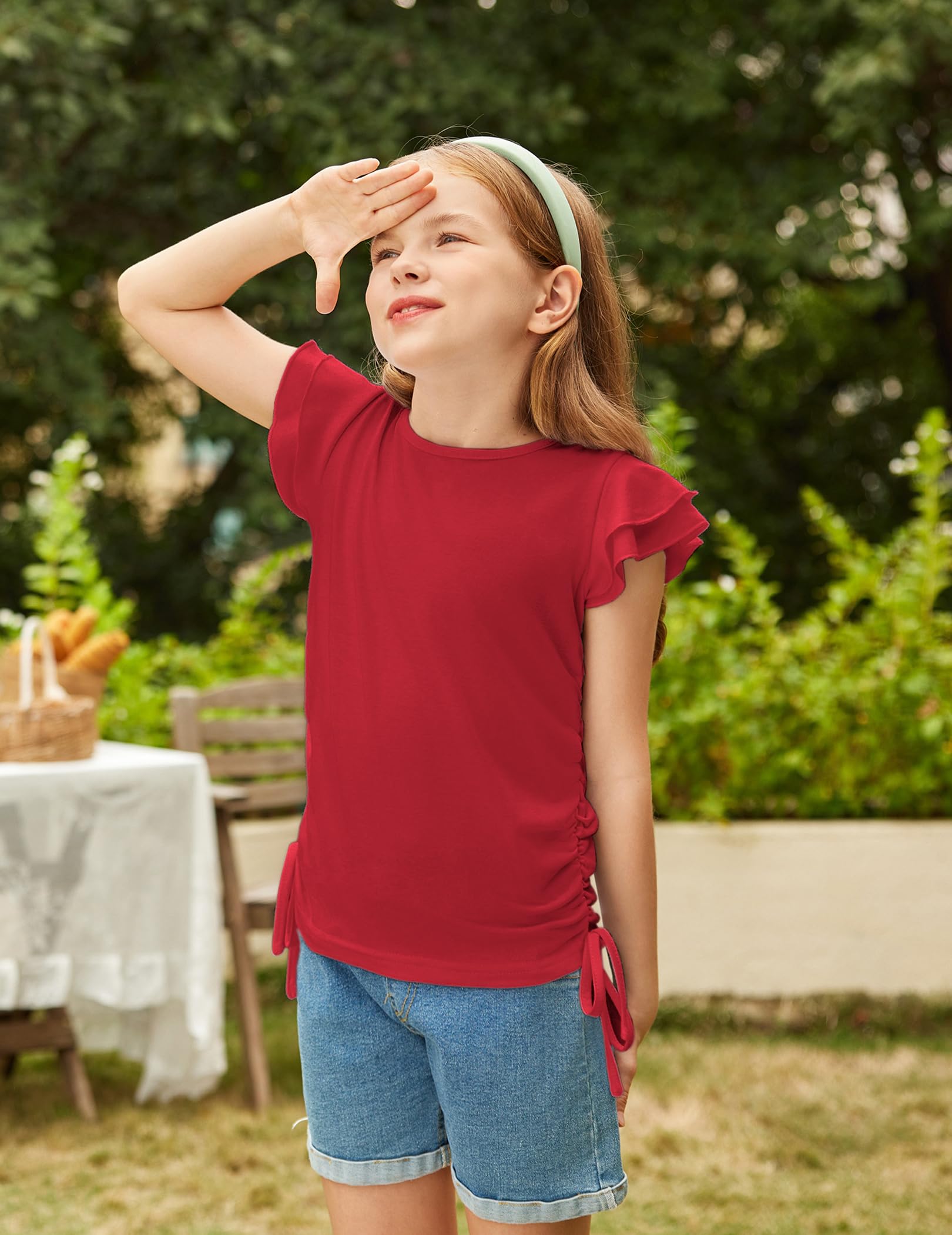 Arshiner Camiseta para Niña con Mangas con Volantes Camiseta para Niños Camiseta con Cuello Redondo Camiseta Informal Ropa para Niños con Cordón 5-12 Años