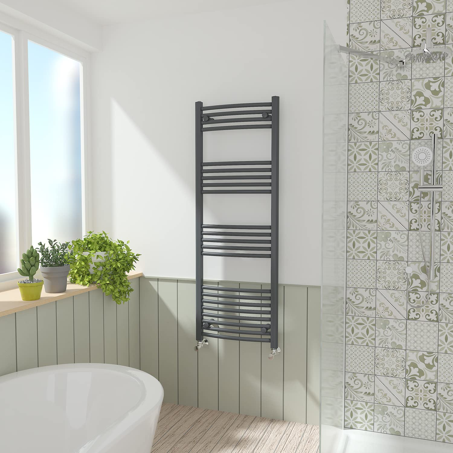 NRG Anthracite Curved Central Heating Towel Rail Bathroom Heated Rad Radiators Ladder Warmer - 1400×500mm